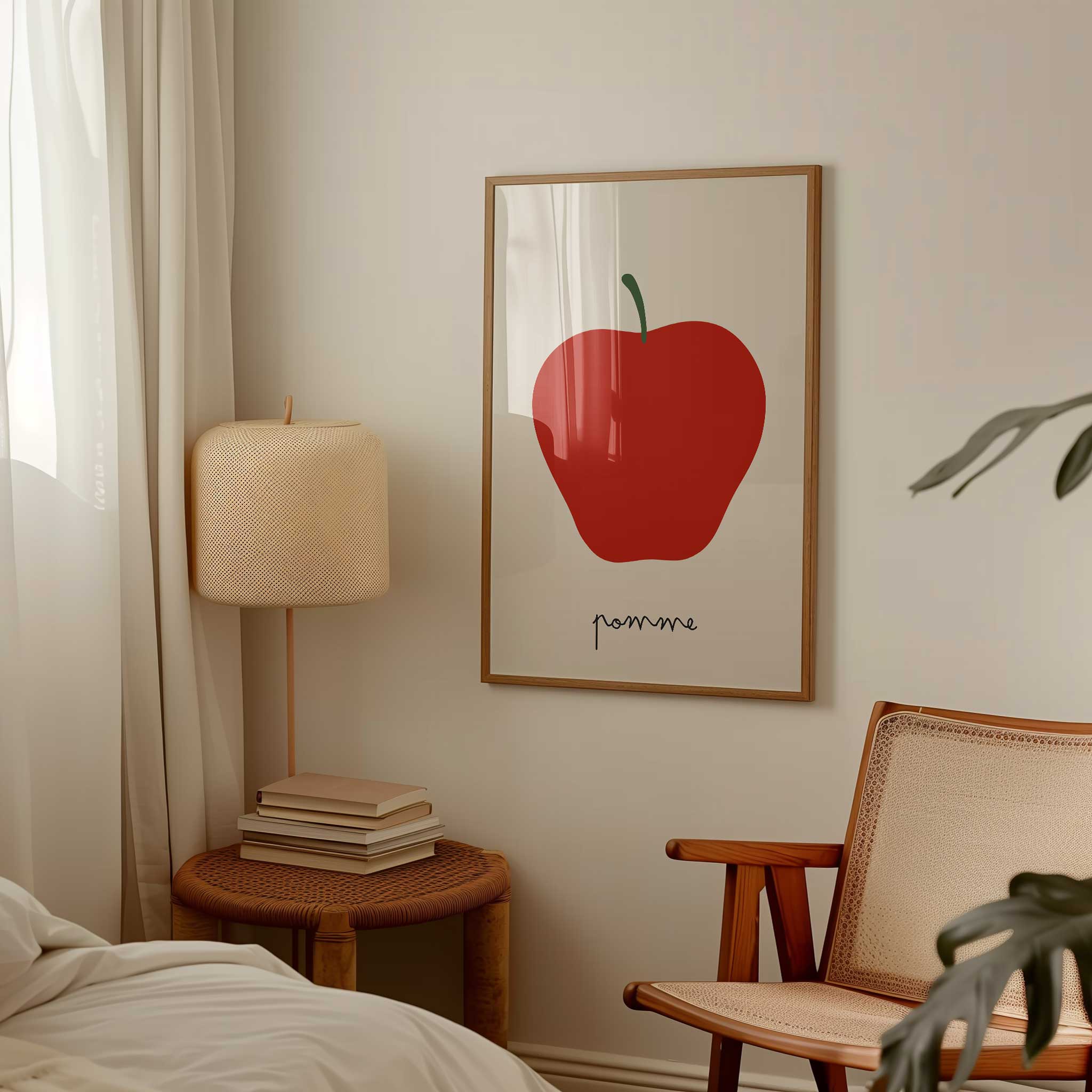 Red apple illustration, 'Pomme - Minimal Fruit Print,' bold minimalist wall art for dining room aesthetic, titled 'Pomme - Minimal Fruit Print'