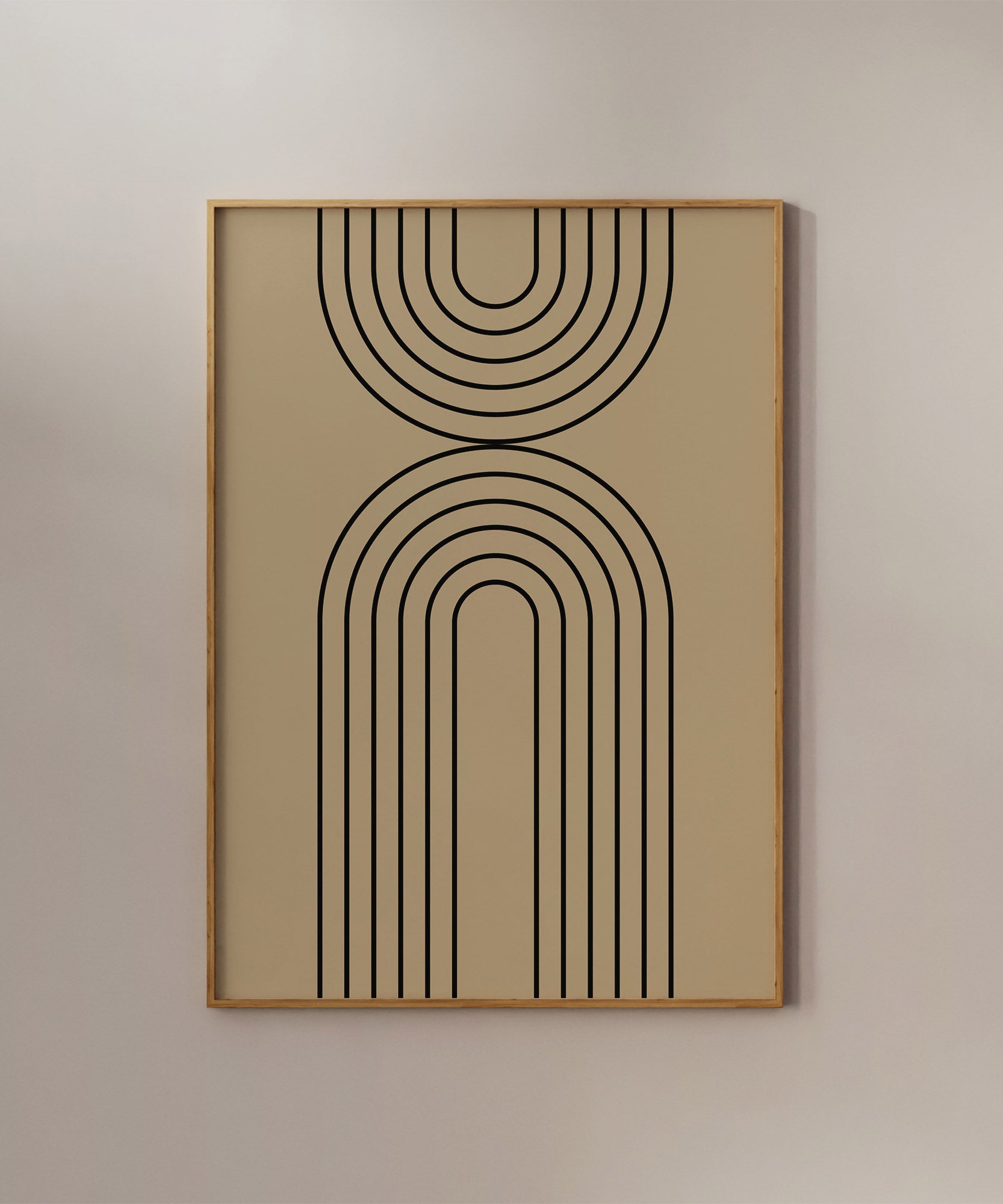Beige rainbow line art design, minimalist wall art for a subtle modern living room aesthetic.