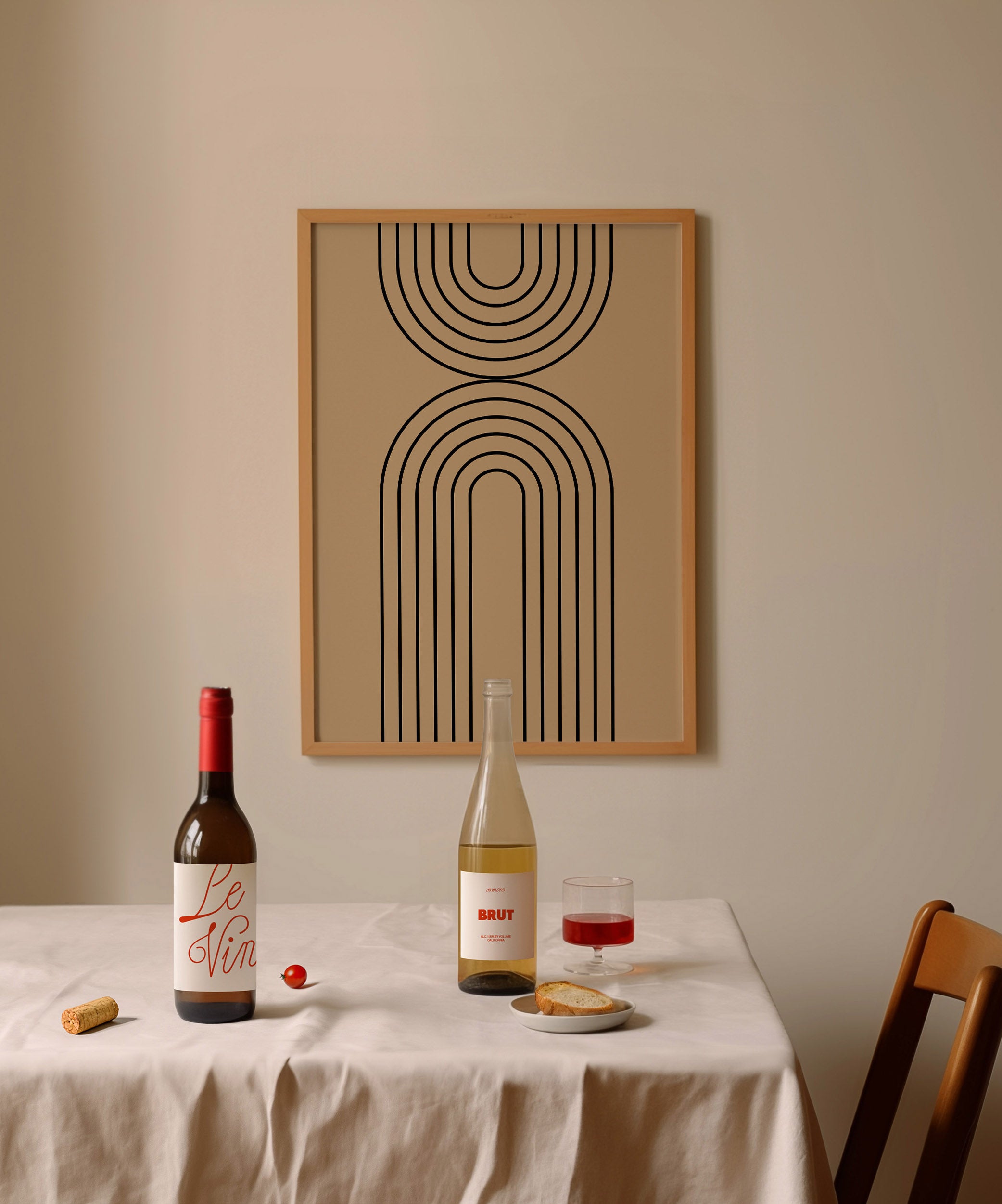 Beige rainbow line art design, minimalist wall art for a subtle modern living room aesthetic.
