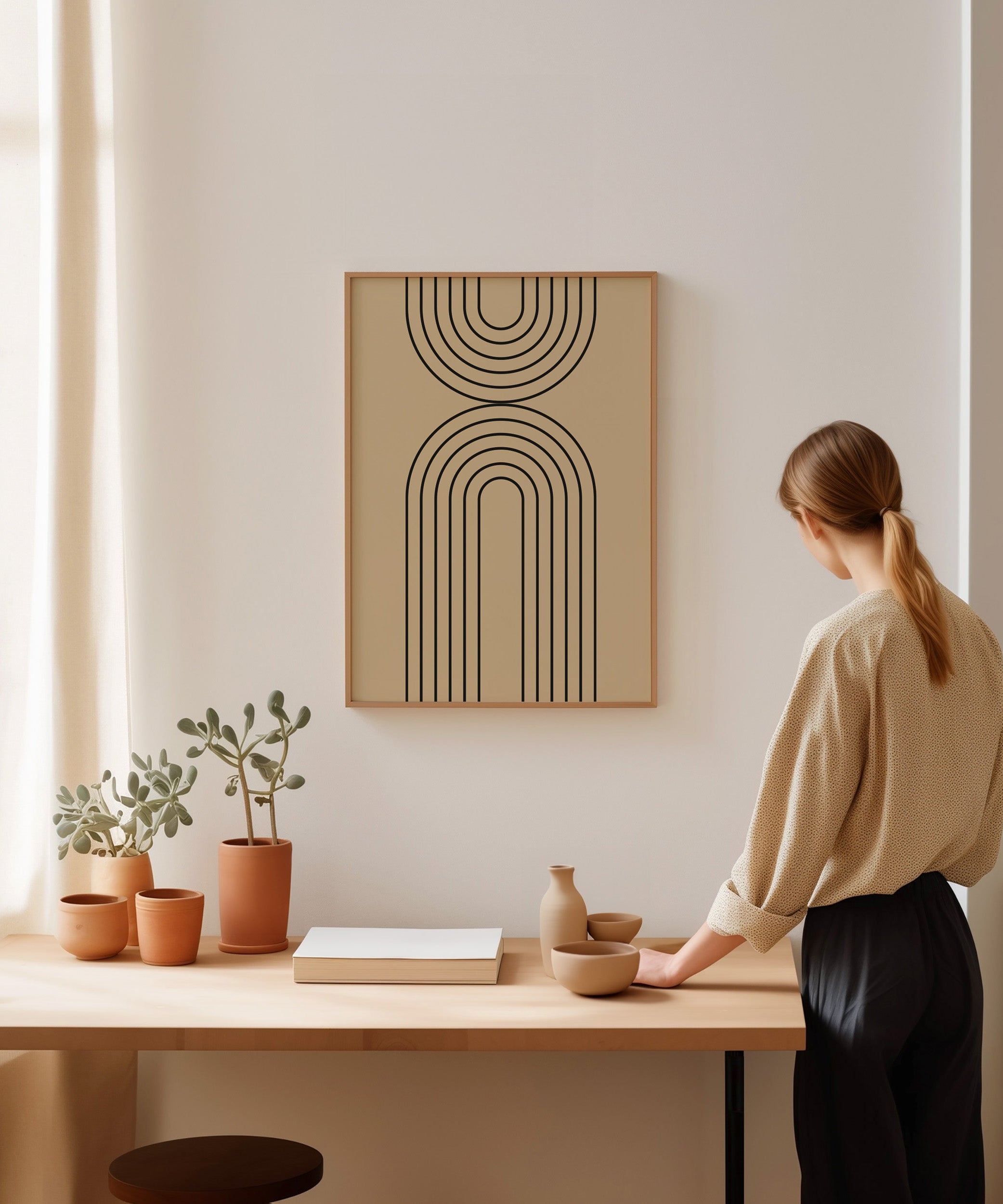 Beige rainbow line art design, minimalist wall art for a subtle modern living room aesthetic.