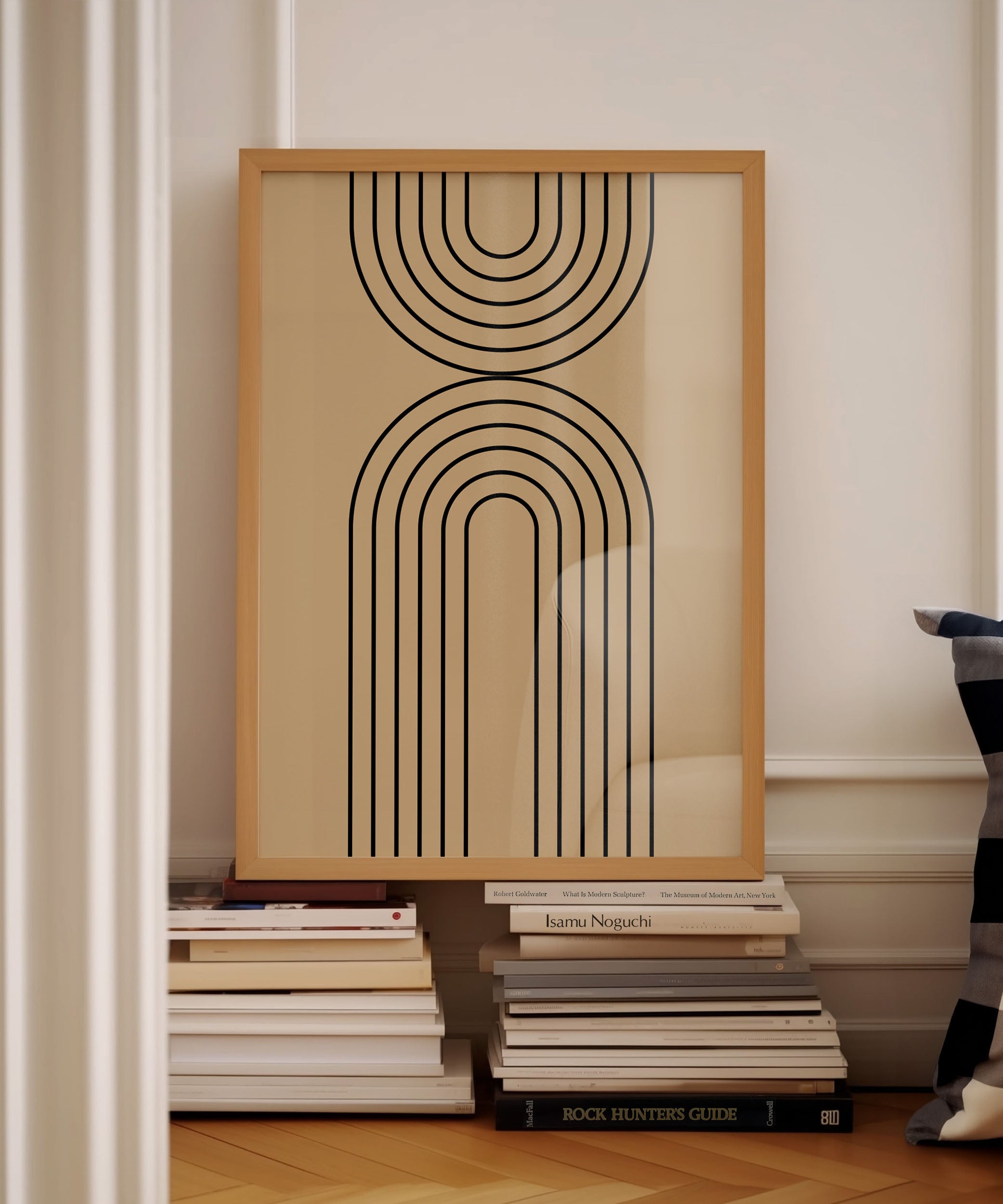 Beige rainbow line art design, minimalist wall art for a subtle modern living room aesthetic.