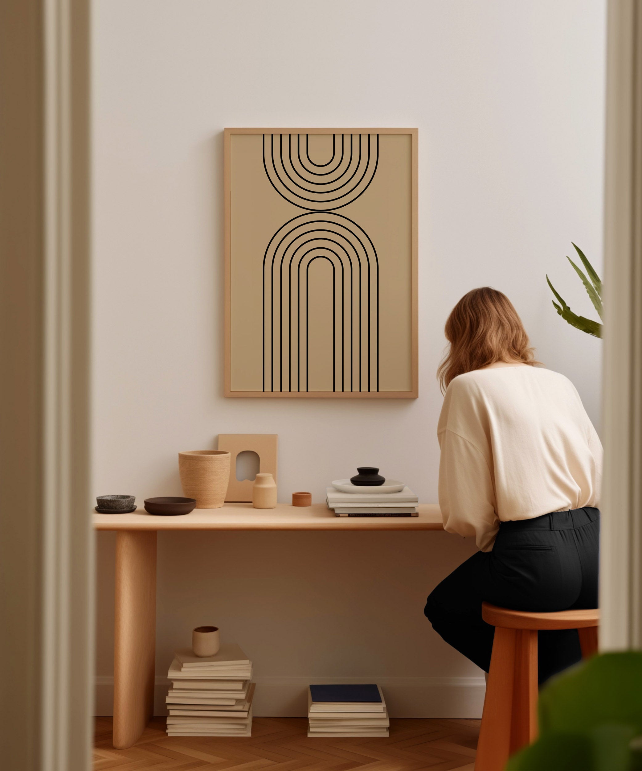 Beige rainbow line art design, minimalist wall art for a subtle modern living room aesthetic.