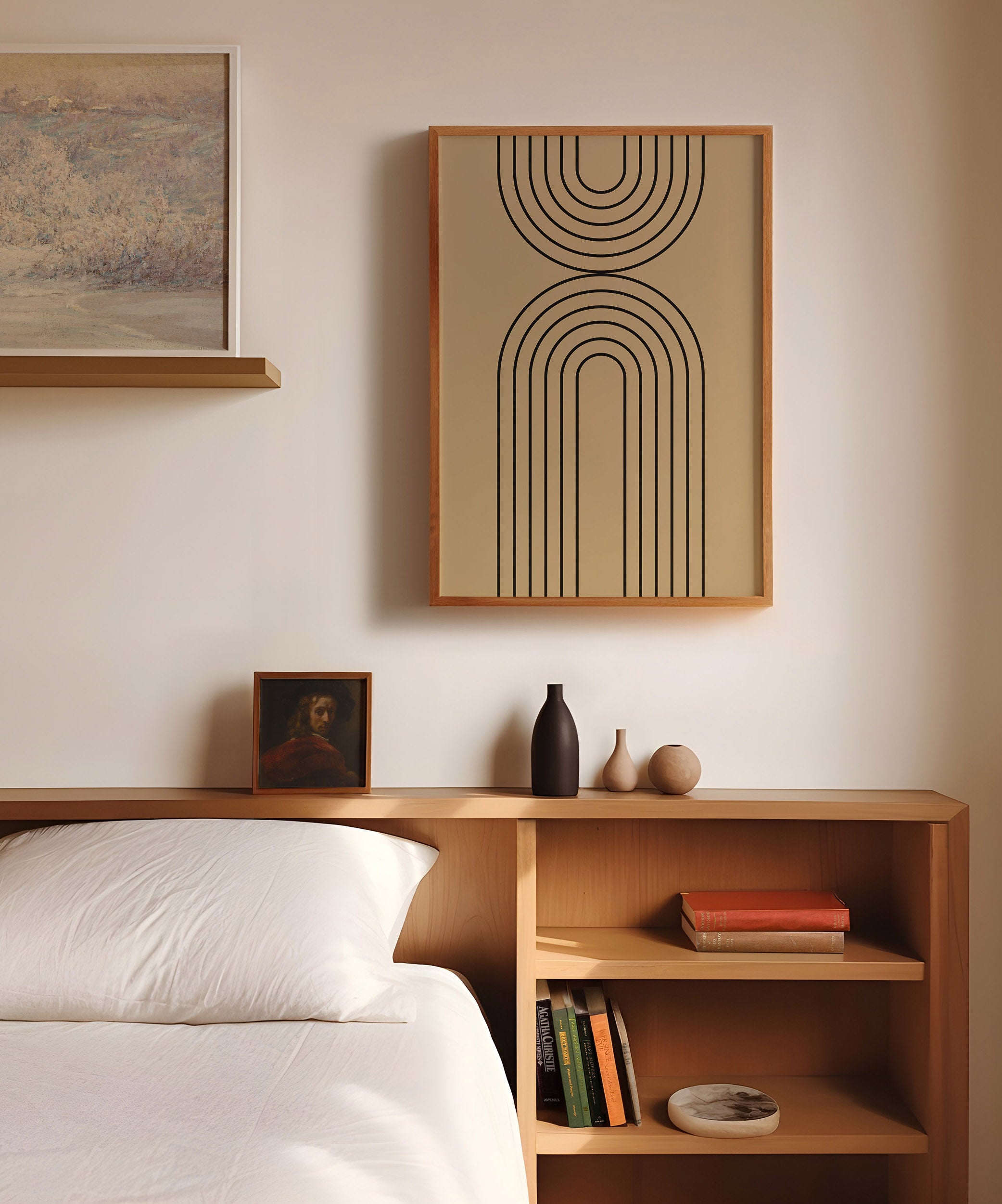 Beige rainbow line art design, minimalist wall art for a subtle modern living room aesthetic.