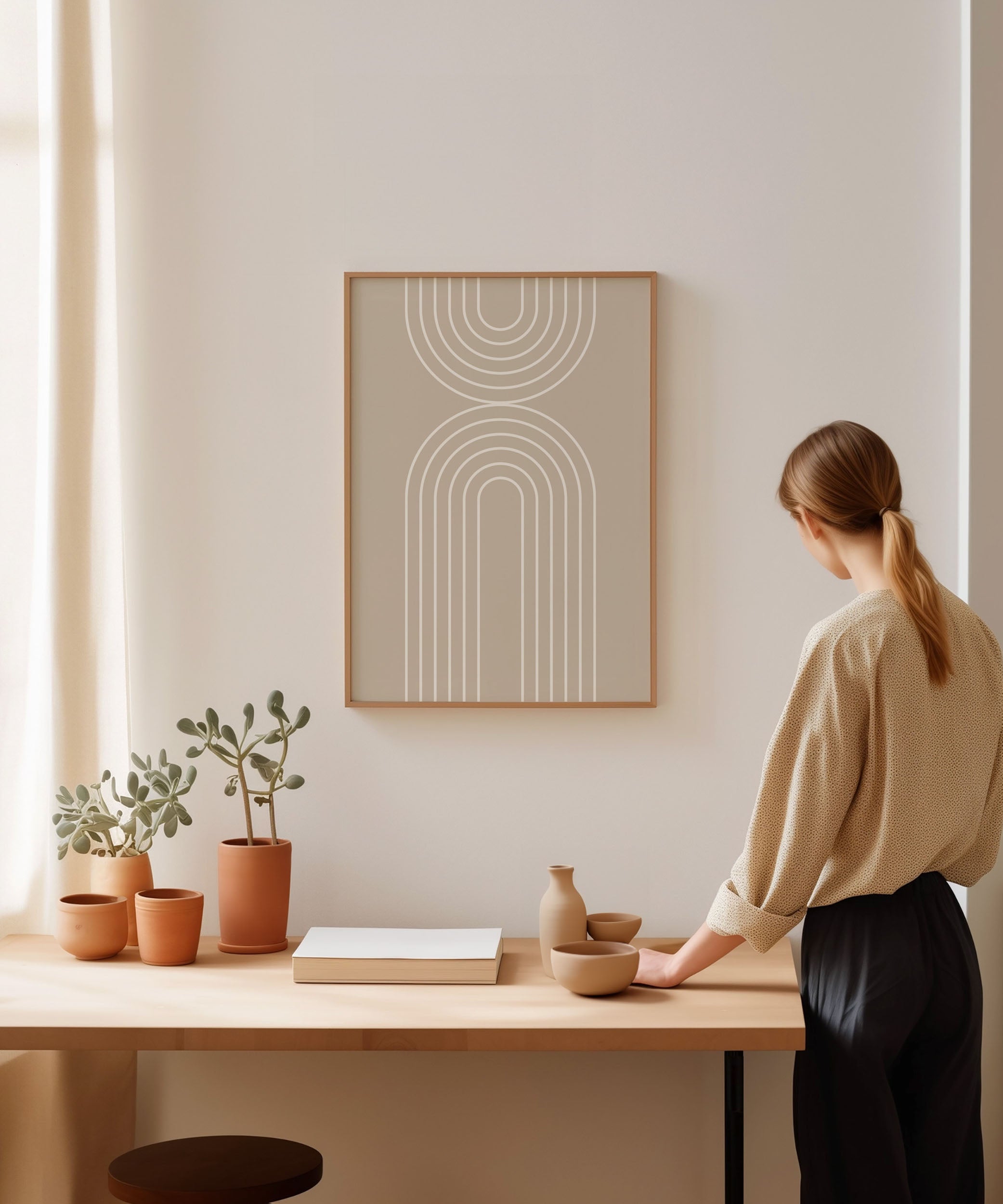 Clean white rainbow line art, framed abstract prints for a simple minimalist aesthetic.