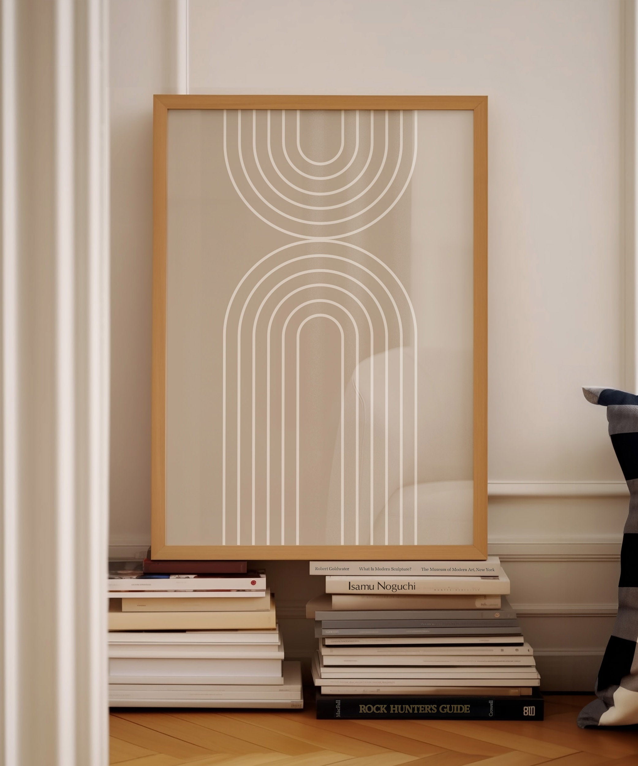 Clean white rainbow line art, framed abstract prints for a simple minimalist aesthetic.