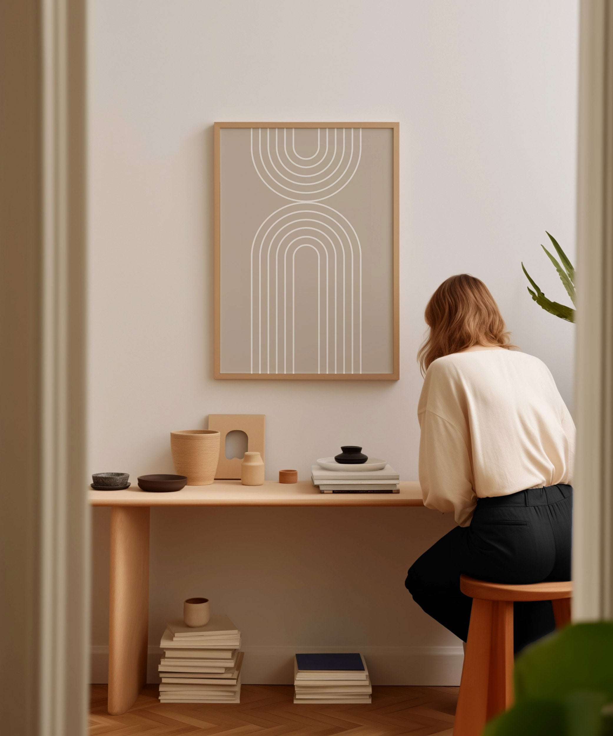 Clean white rainbow line art, framed abstract prints for a simple minimalist aesthetic.