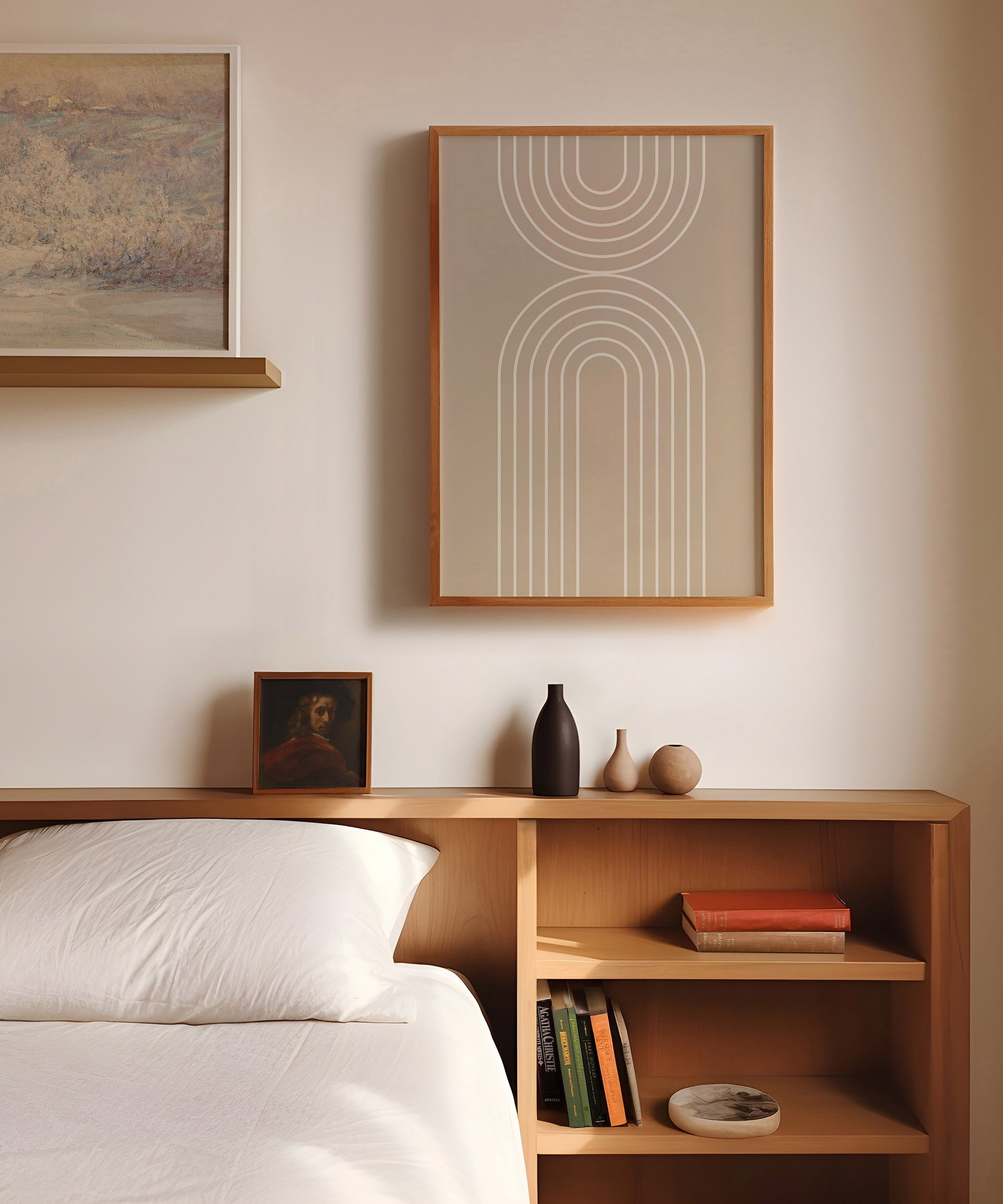 Clean white rainbow line art, framed abstract prints for a simple minimalist aesthetic.
