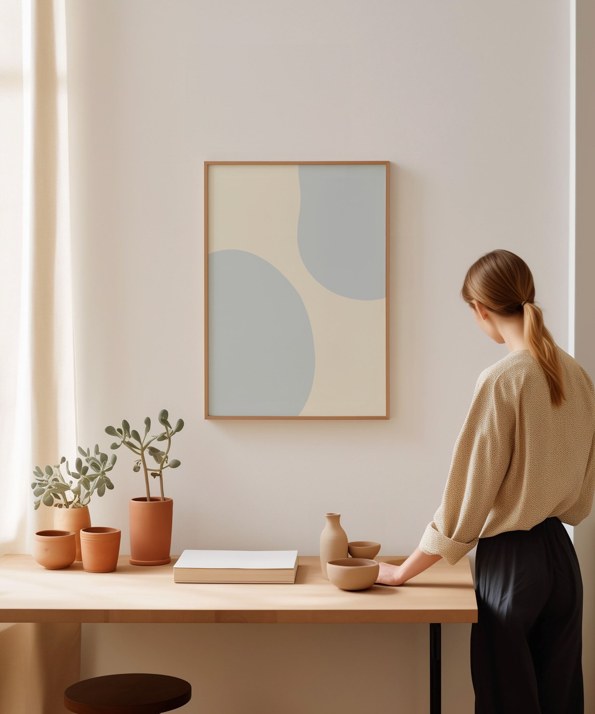 Modern 'Blue Abstract Shapes' geometric design, aesthetic canvas-style print for versatile decor.