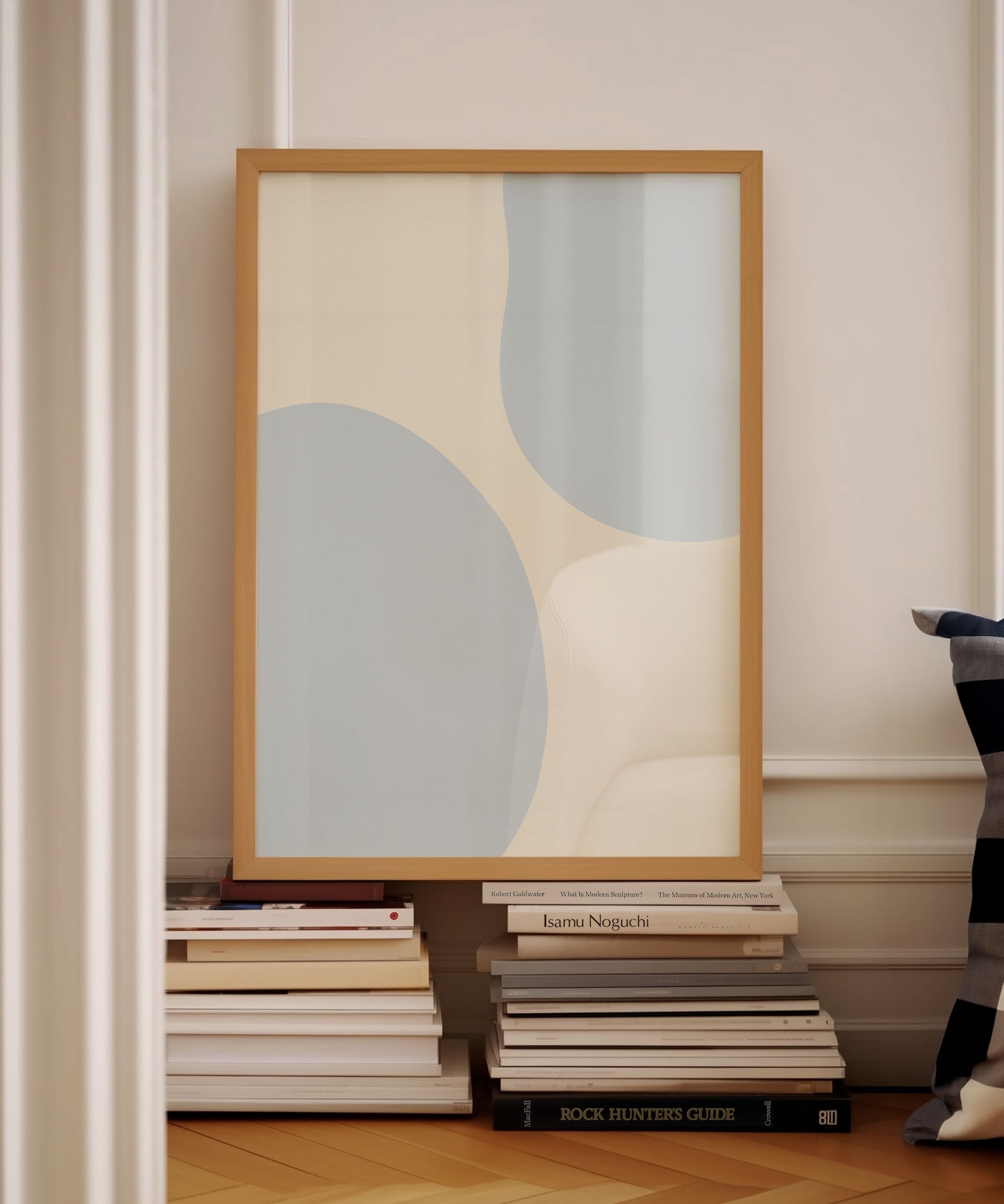Modern 'Blue Abstract Shapes' geometric design, aesthetic canvas-style print for versatile decor.