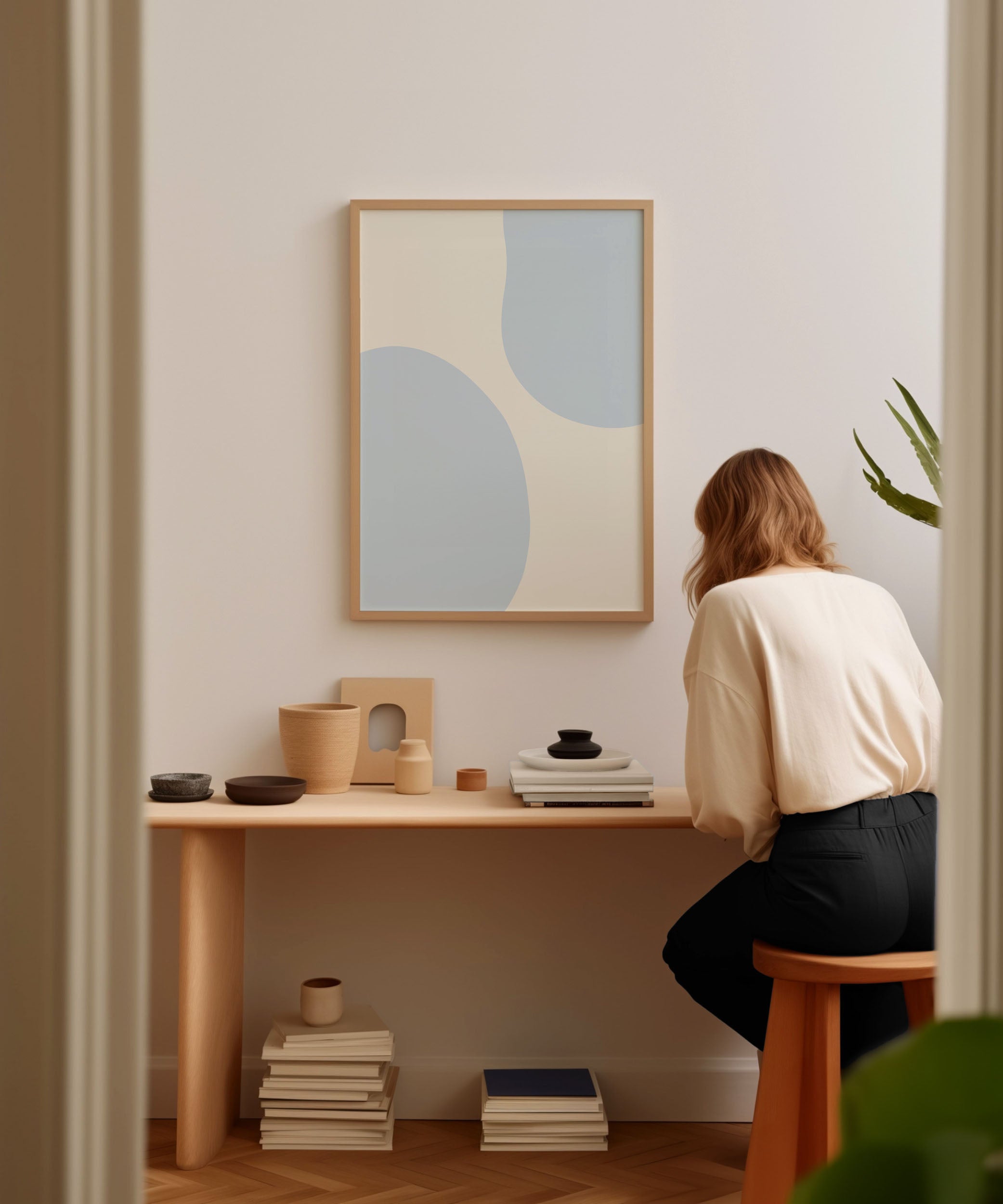 Modern 'Blue Abstract Shapes' geometric design, aesthetic canvas-style print for versatile decor.
