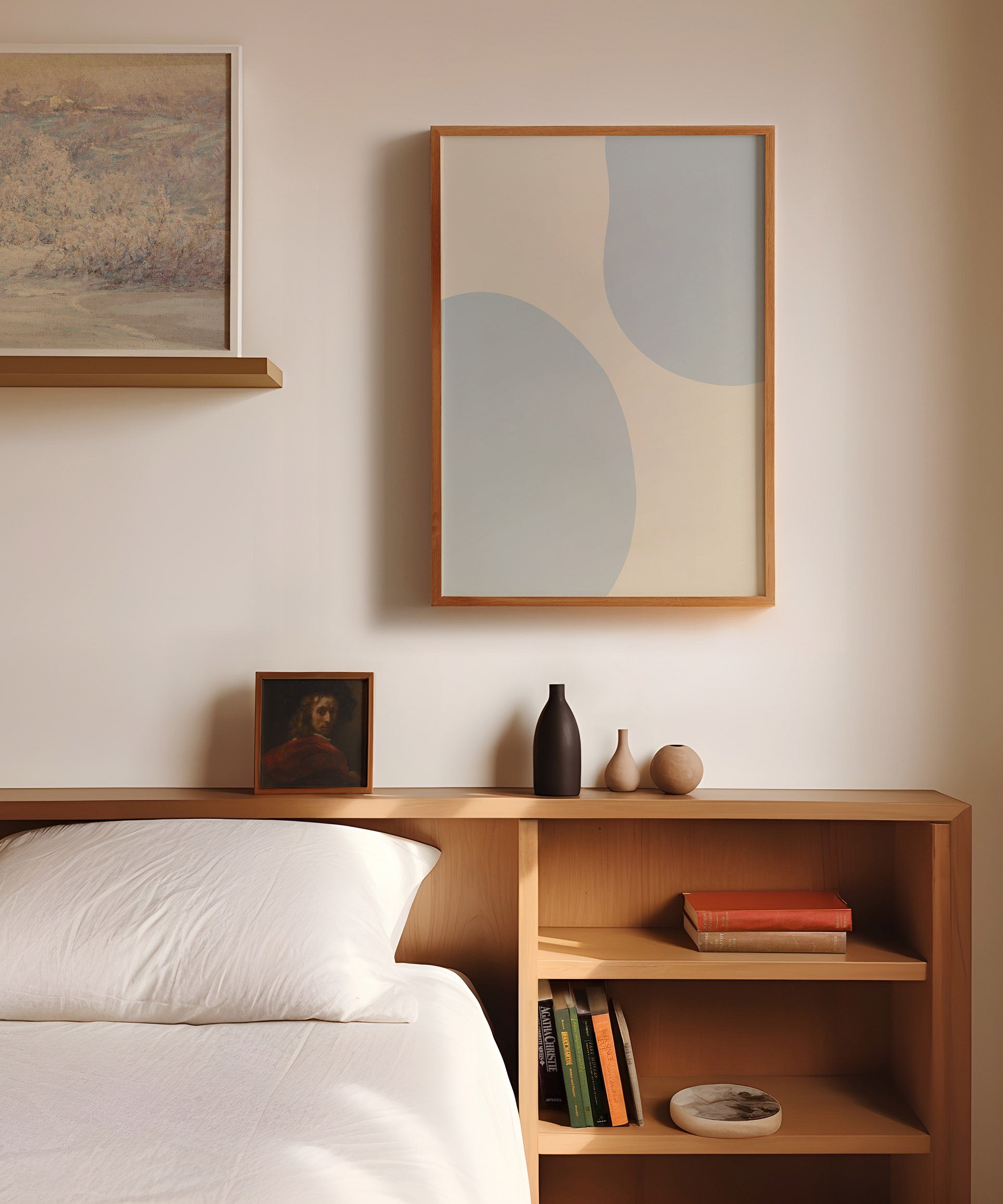 Modern 'Blue Abstract Shapes' geometric design, aesthetic canvas-style print for versatile decor.