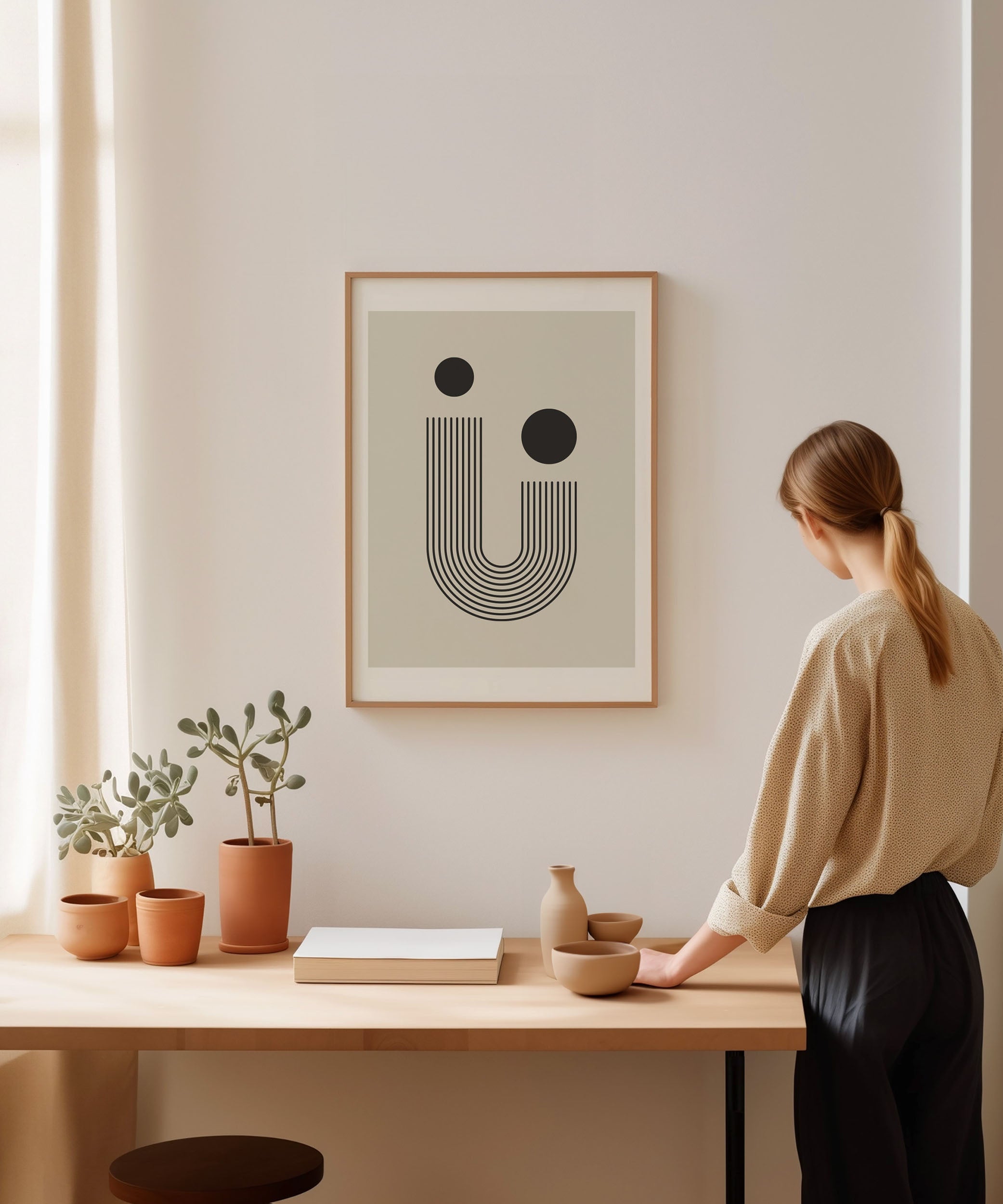Geometric 'Line Art With Two Circles,' modern minimalist wall art with a sophisticated aesthetic.