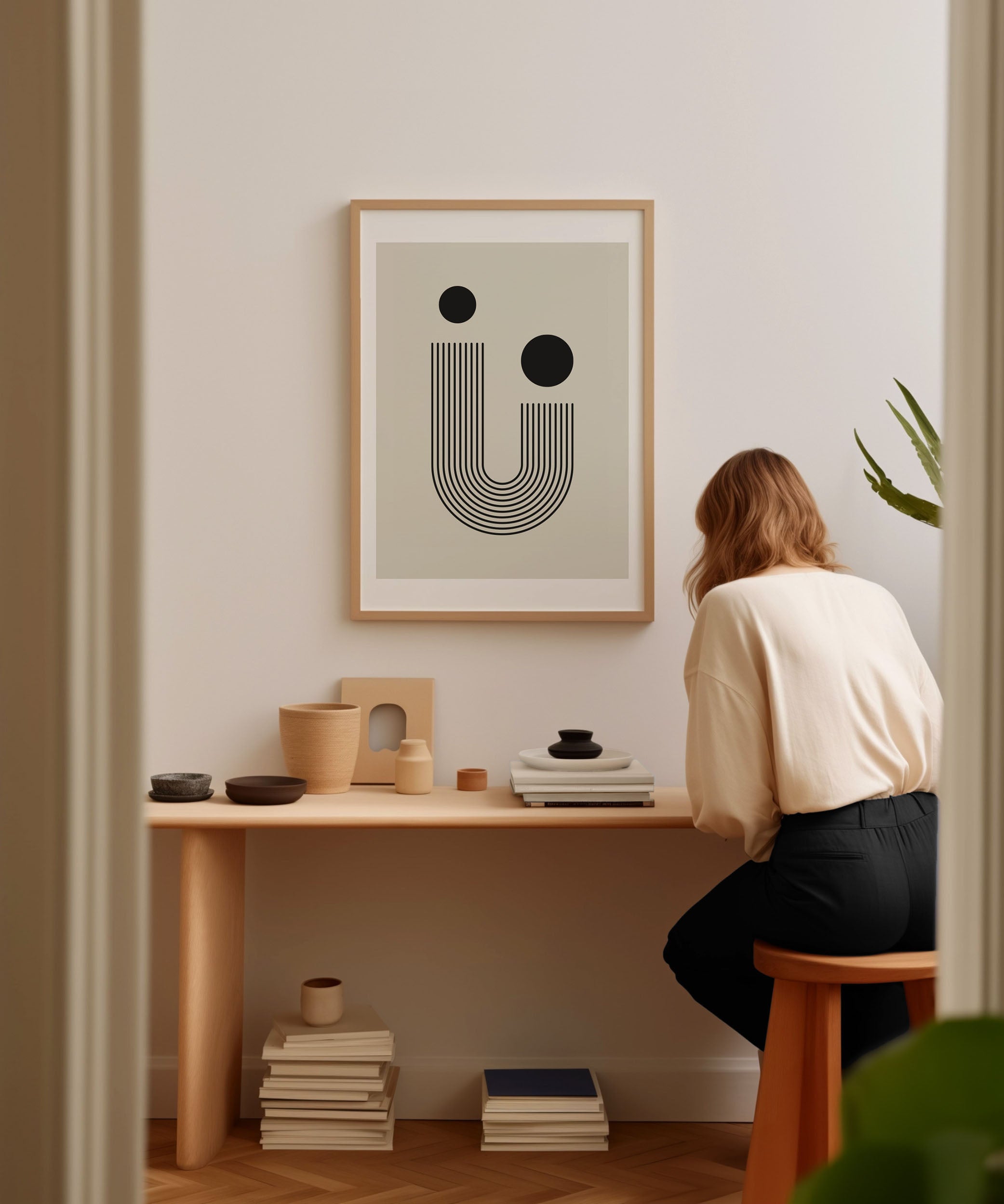 Geometric 'Line Art With Two Circles,' modern minimalist wall art with a sophisticated aesthetic.