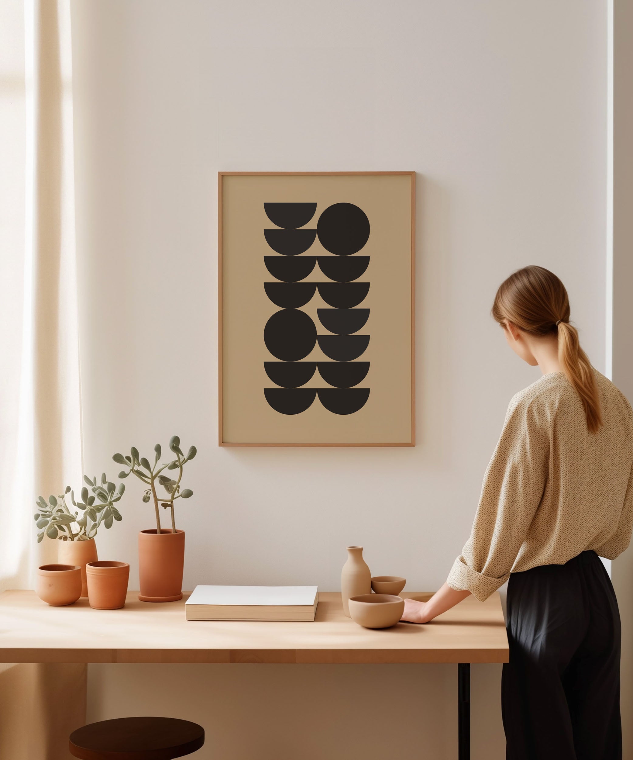 Abstract 'Semicircle Shapes Print,' modern wall art for a versatile living room aesthetic.