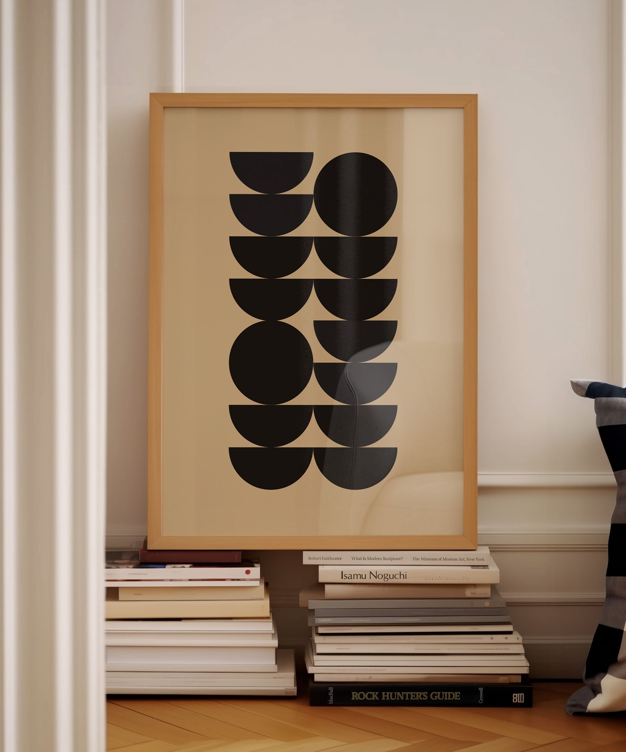 Abstract 'Semicircle Shapes Print,' modern wall art for a versatile living room aesthetic.