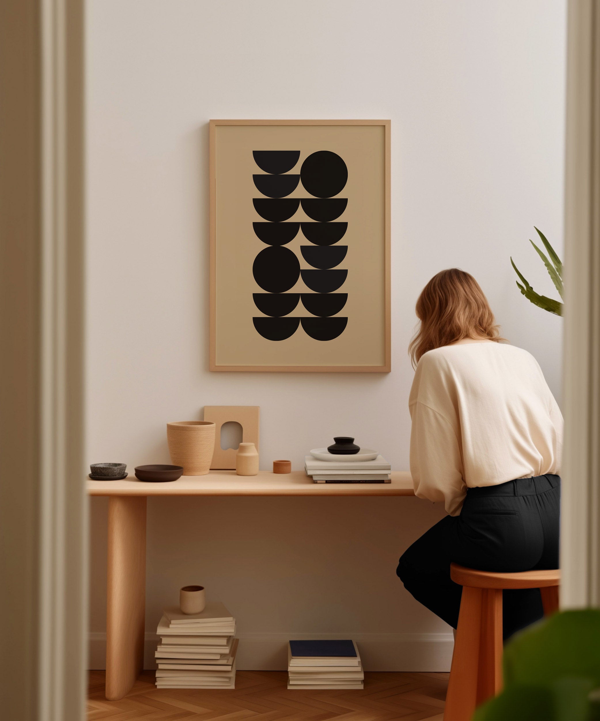 Abstract 'Semicircle Shapes Print,' modern wall art for a versatile living room aesthetic.