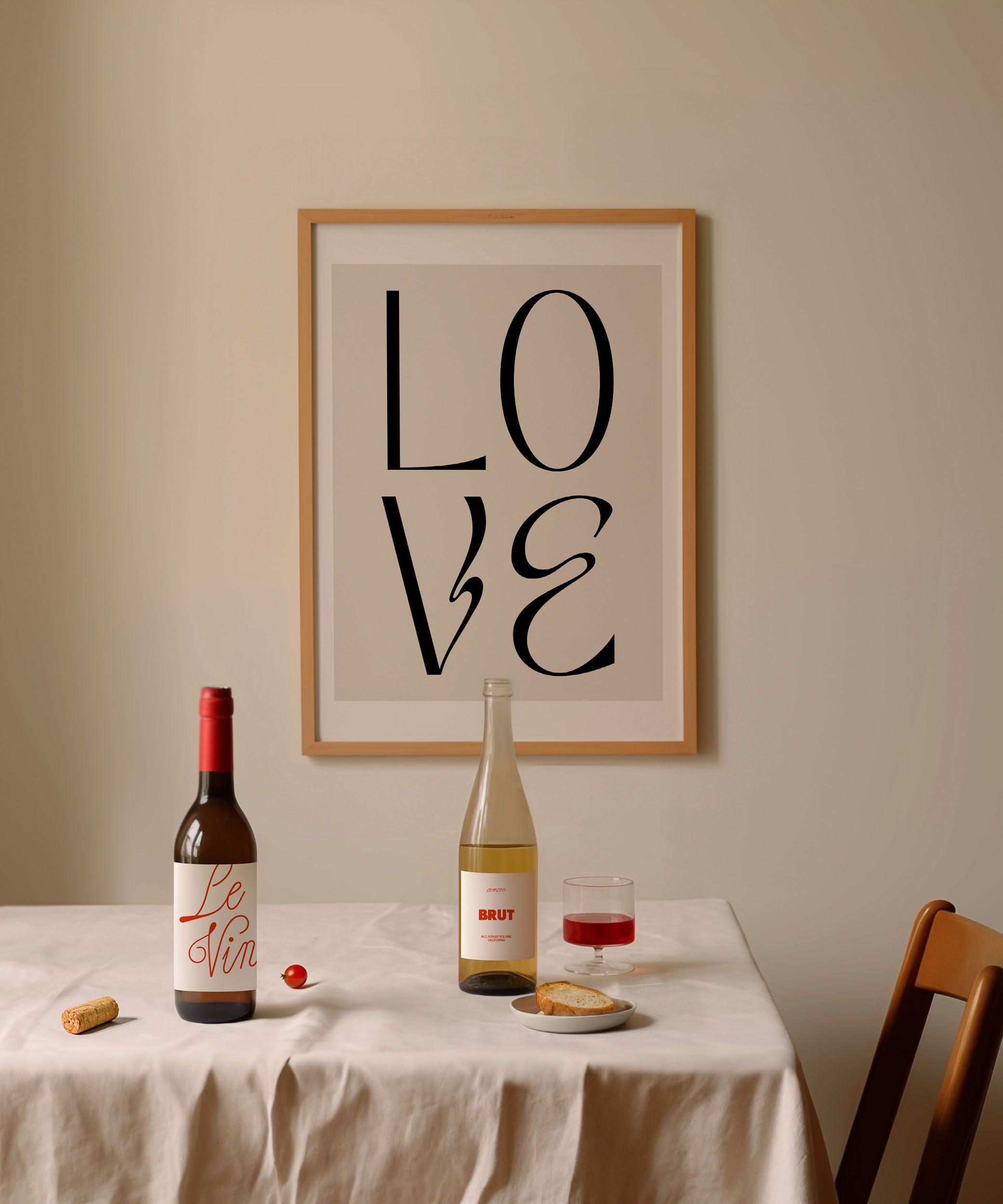 Love' typography design, romantic modern wall art for a heartfelt living room aesthetic.