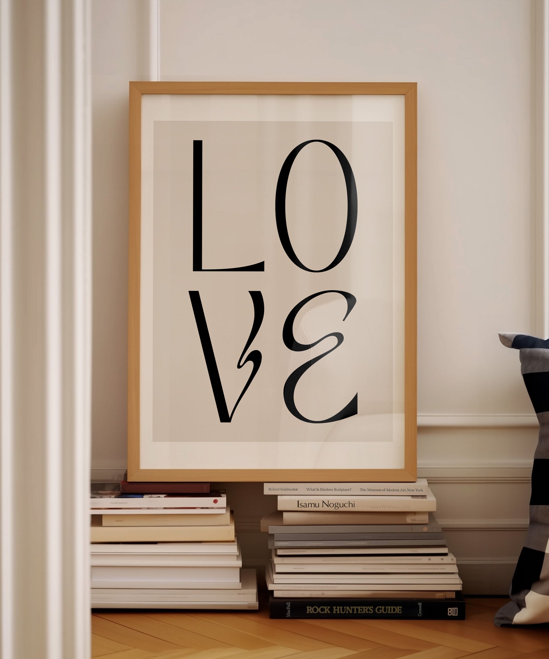 Love' typography design, romantic modern wall art for a heartfelt living room aesthetic.