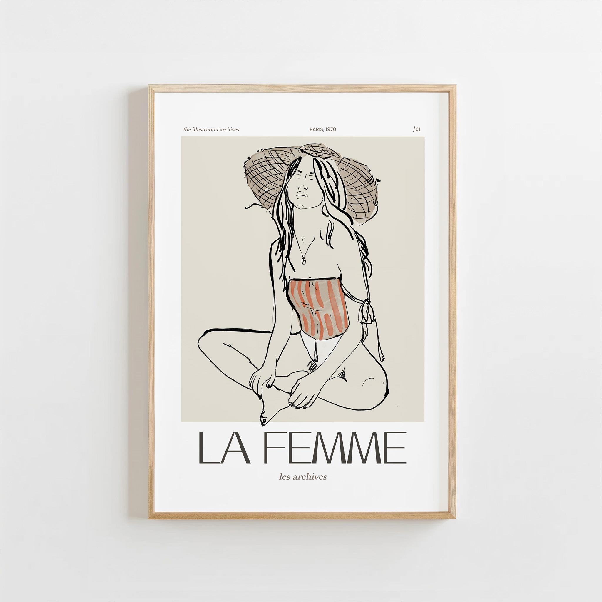 Framed artwork of a woman in a swimsuit with 'La Femme' text on a white background