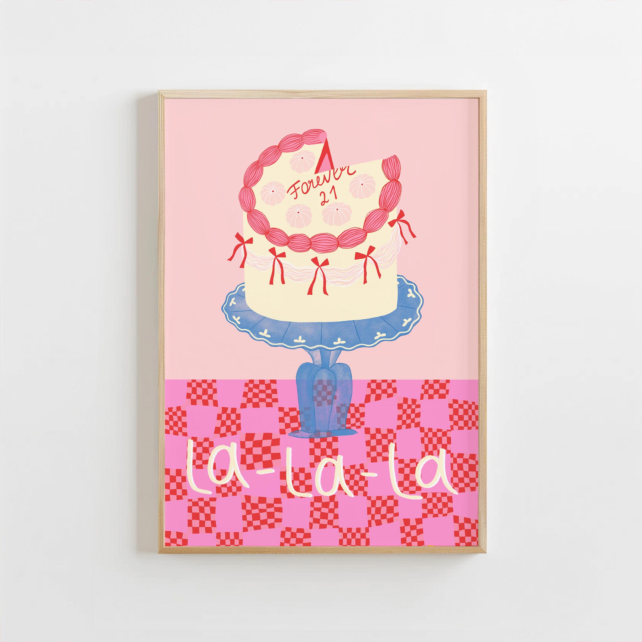 Framed artwork with a cake illustration and text on a pink background