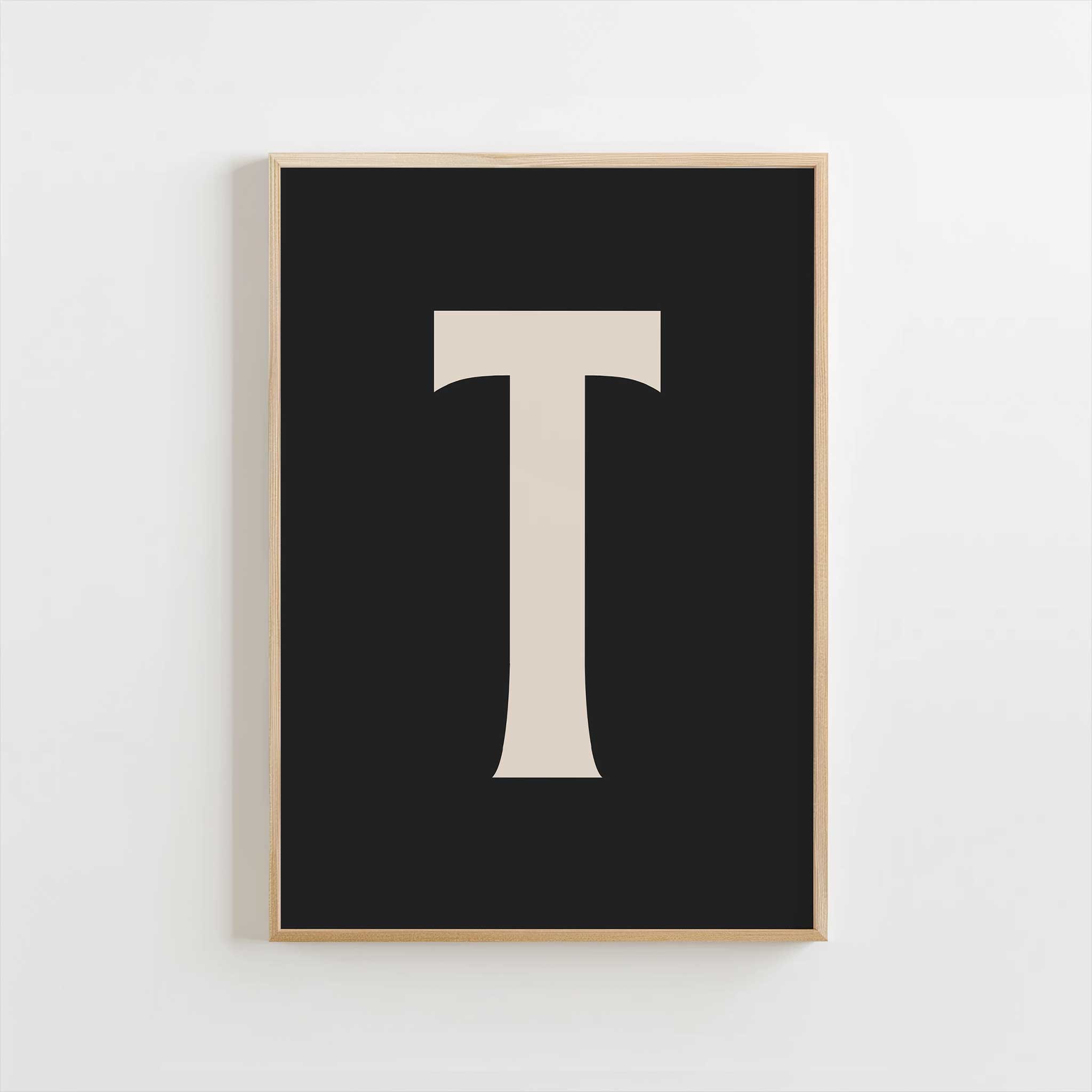 Personalized black letter 'T' monogram, modern wall decor for a sophisticated aesthetic, titled 'Modern Monogram Art Print - T Black'