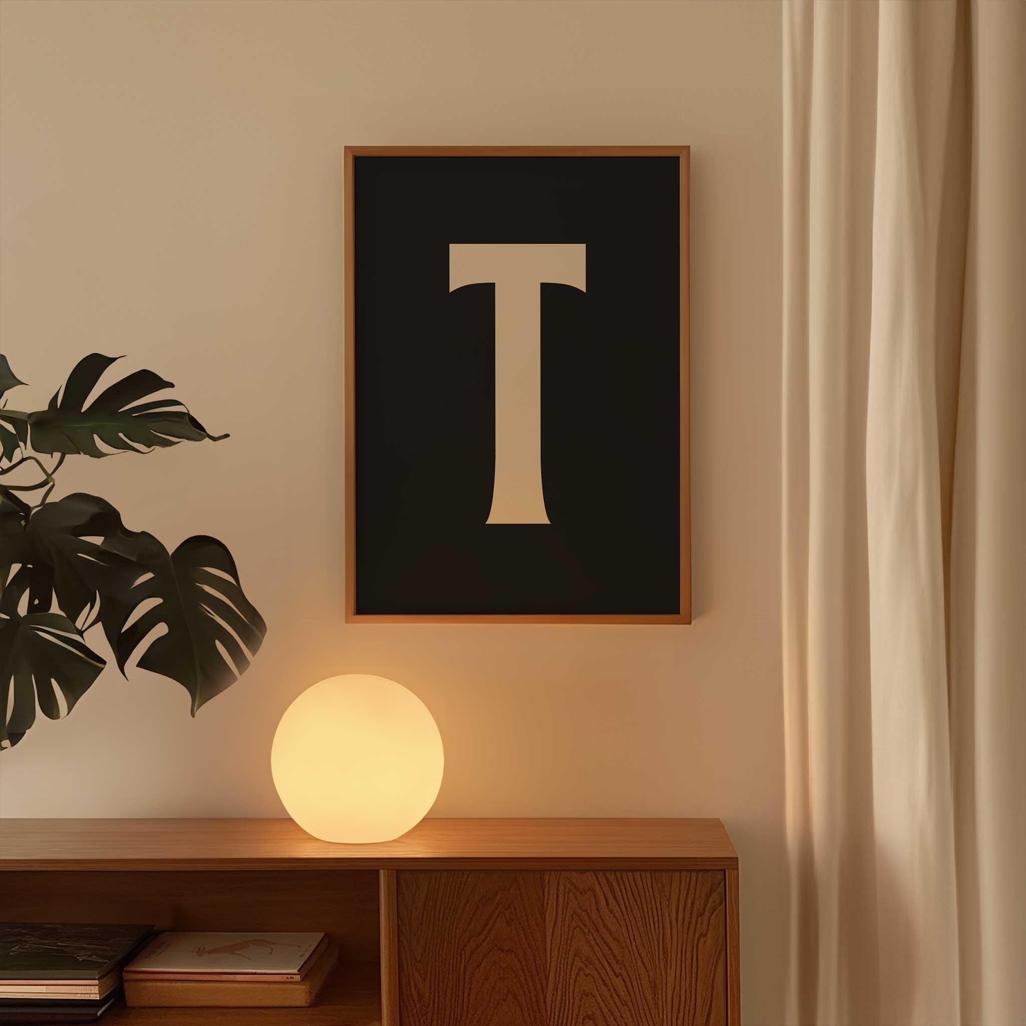 Personalized black letter 'T' monogram, modern wall decor for a sophisticated aesthetic, titled 'Modern Monogram Art Print - T Black'