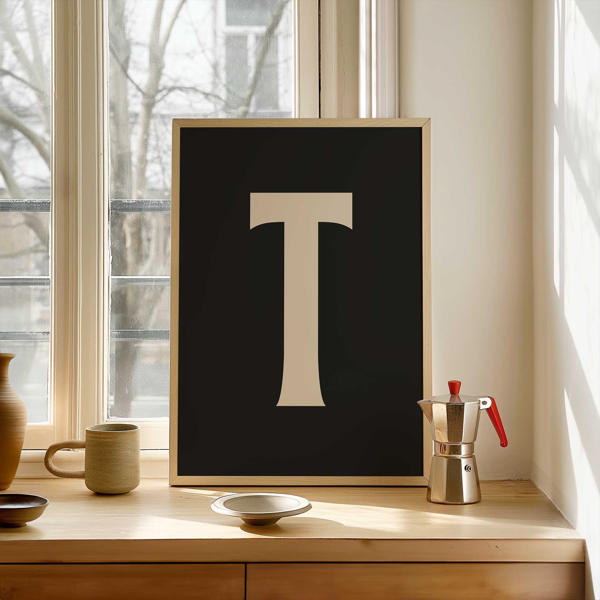 Personalized black letter 'T' monogram, modern wall decor for a sophisticated aesthetic, titled 'Modern Monogram Art Print - T Black'