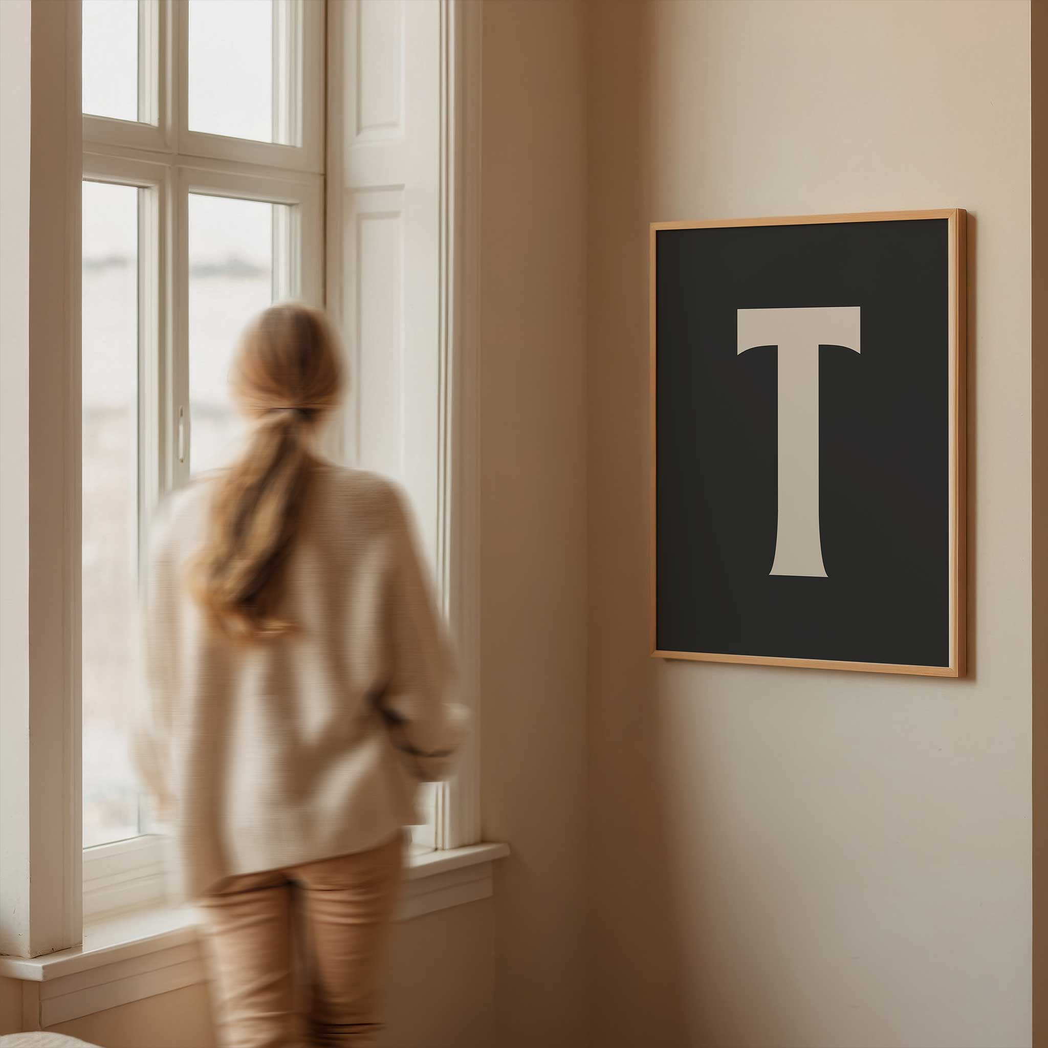 Personalized black letter 'T' monogram, modern wall decor for a sophisticated aesthetic, titled 'Modern Monogram Art Print - T Black'