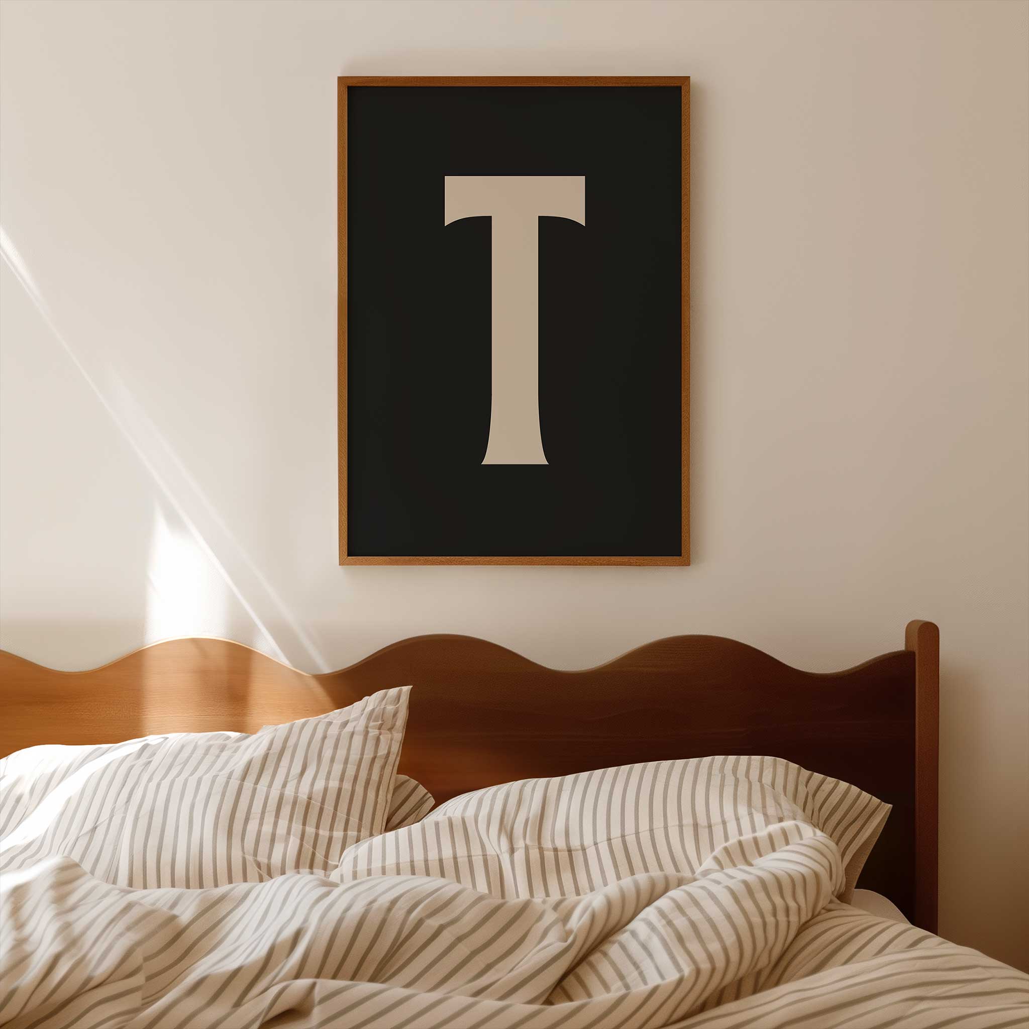 Personalized black letter 'T' monogram, modern wall decor for a sophisticated aesthetic, titled 'Modern Monogram Art Print - T Black'