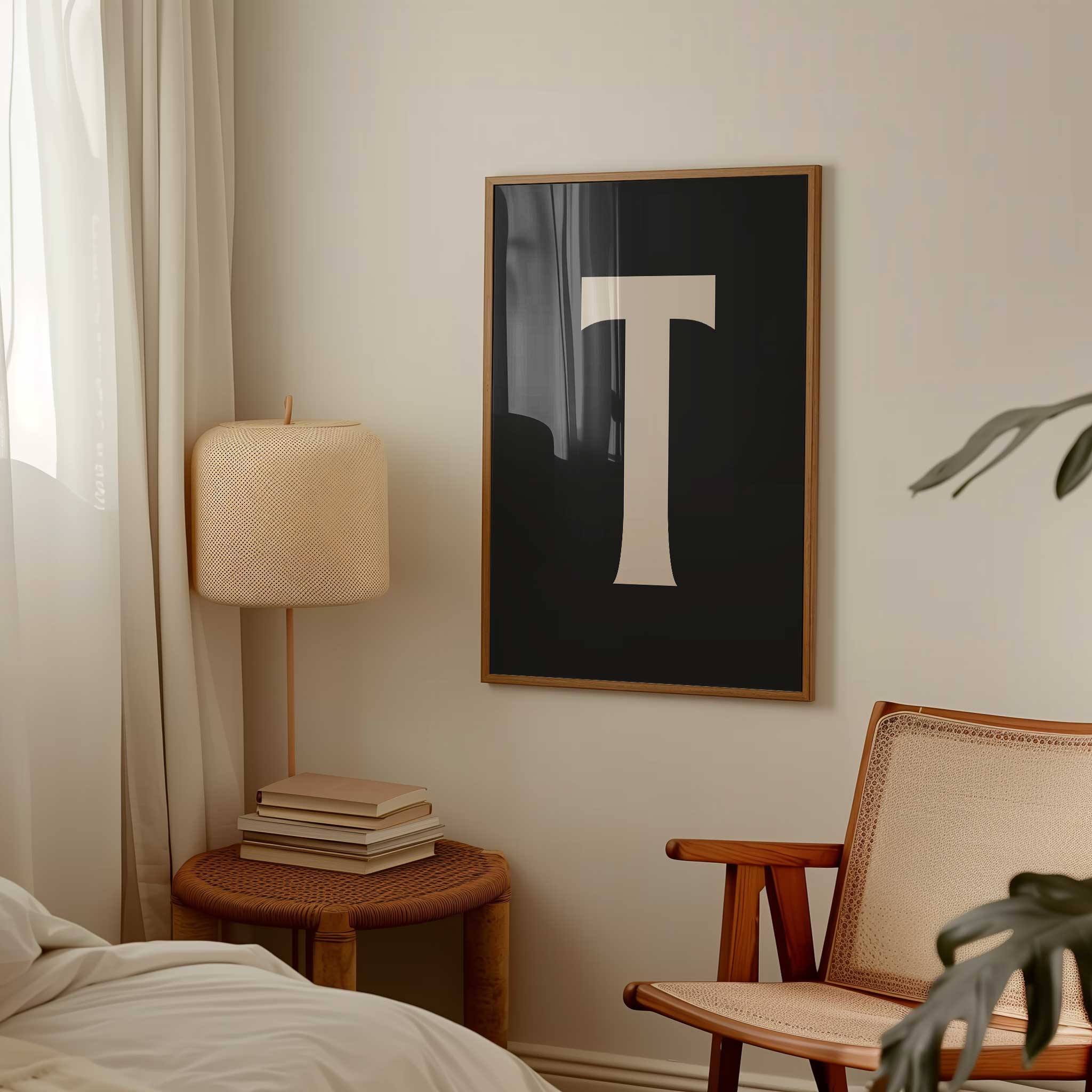Personalized black letter 'T' monogram, modern wall decor for a sophisticated aesthetic, titled 'Modern Monogram Art Print - T Black'