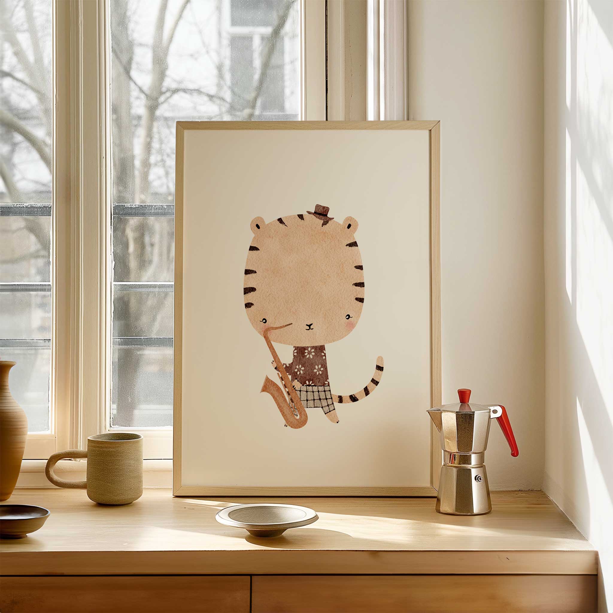 Stylish 'Tiger Musician' with saxophone, jazzy minimalist print for a modern kids' room, titled 'Tiger Musician'