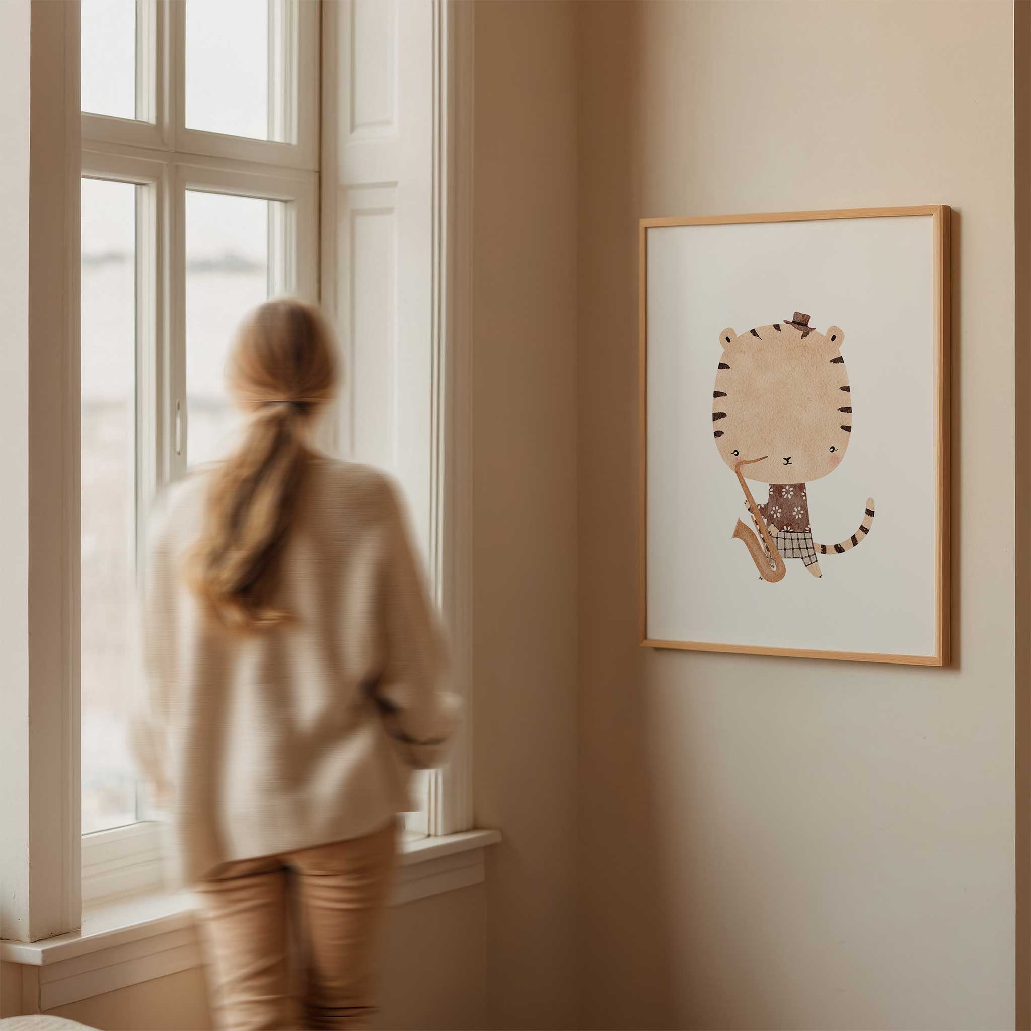 Stylish 'Tiger Musician' with saxophone, jazzy minimalist print for a modern kids' room, titled 'Tiger Musician'