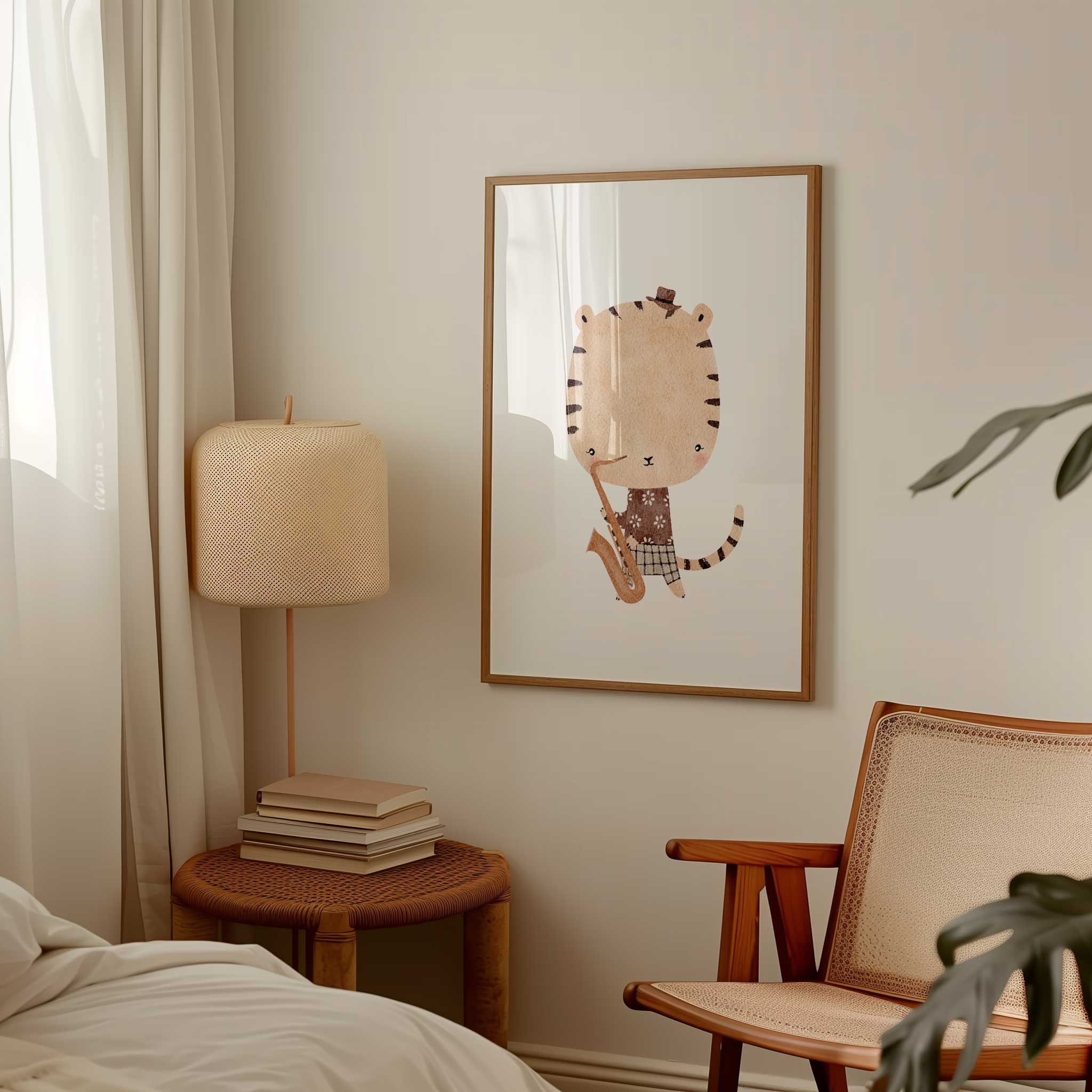 Stylish 'Tiger Musician' with saxophone, jazzy minimalist print for a modern kids' room, titled 'Tiger Musician'