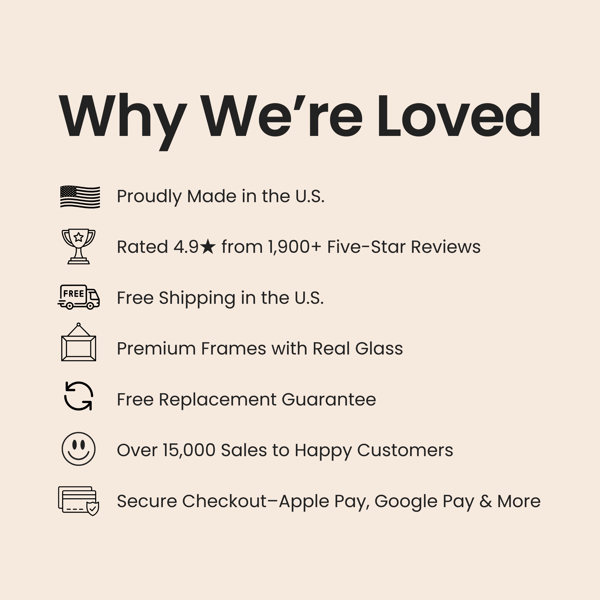 List of reasons why a product or service is loved, including 'Proudly Made in the U.S.
