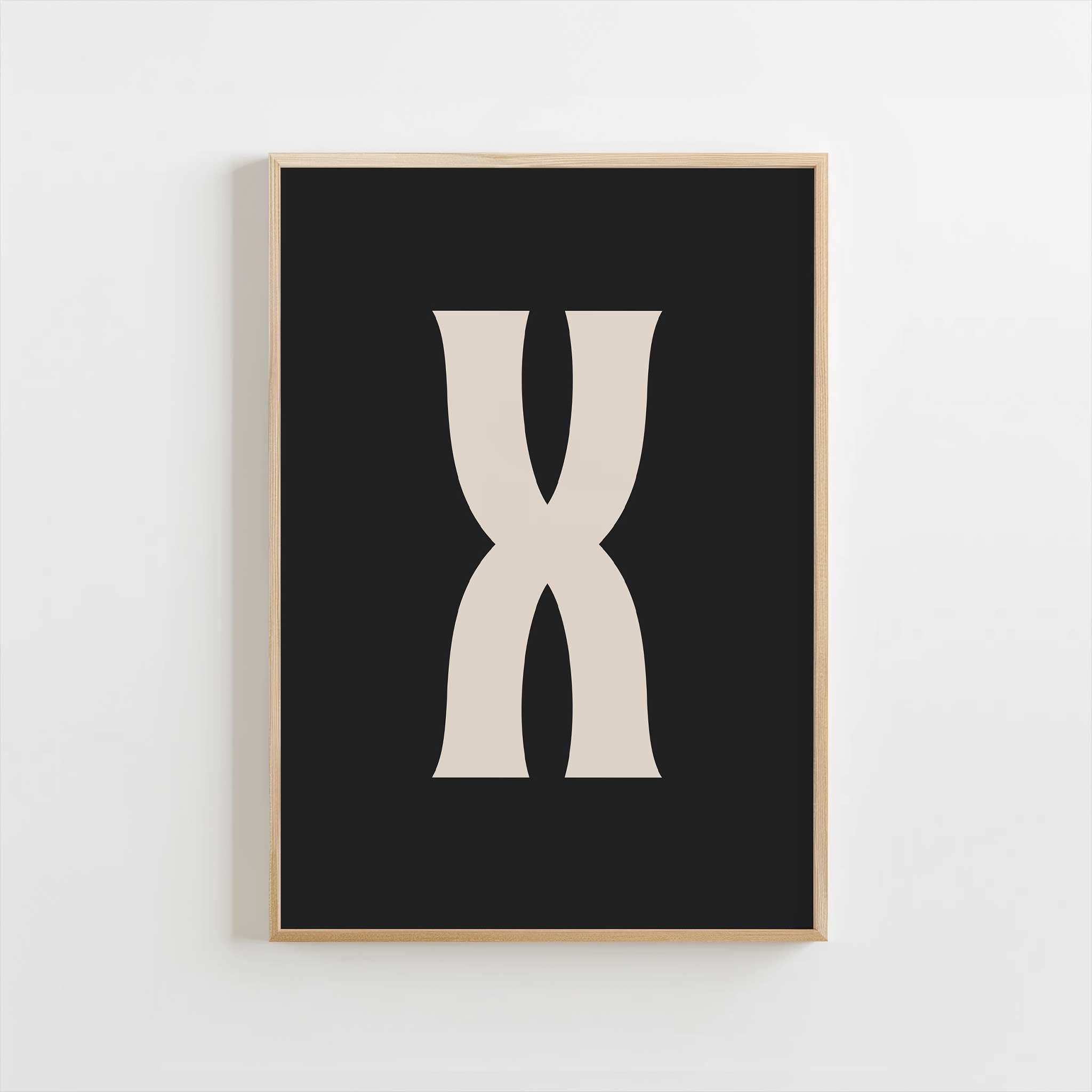 Chic black letter 'X' monogram, minimalist print for a timeless aesthetic, titled 'Modern Monogram Art Print - X Black'