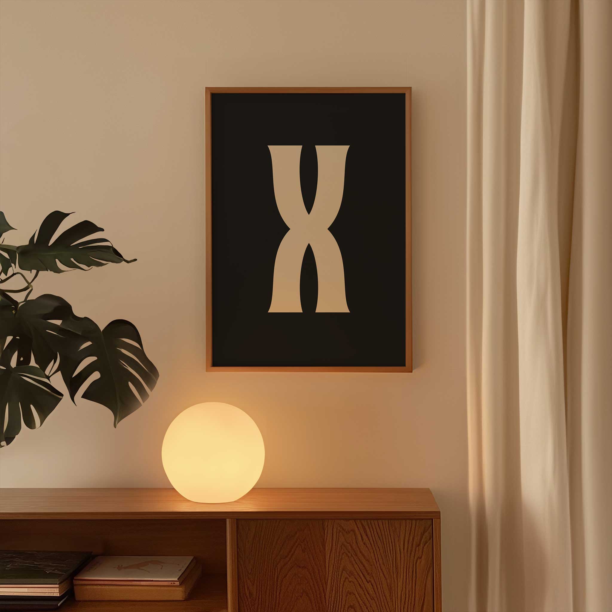 Chic black letter 'X' monogram, minimalist print for a timeless aesthetic, titled 'Modern Monogram Art Print - X Black'