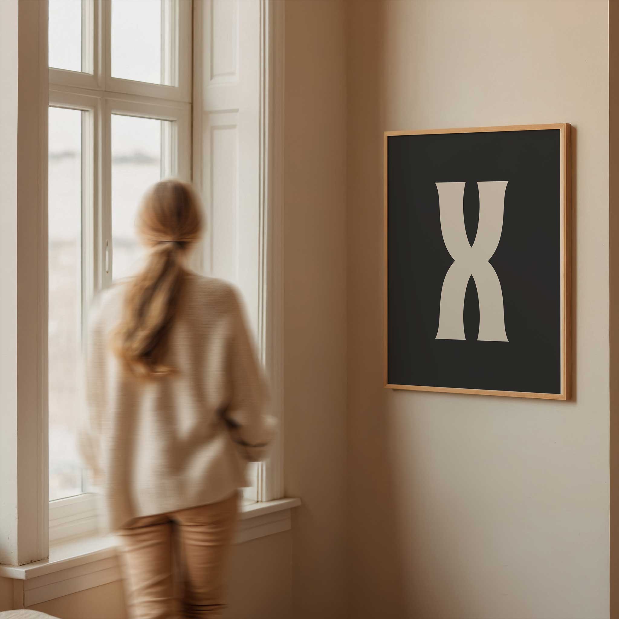 Chic black letter 'X' monogram, minimalist print for a timeless aesthetic, titled 'Modern Monogram Art Print - X Black'