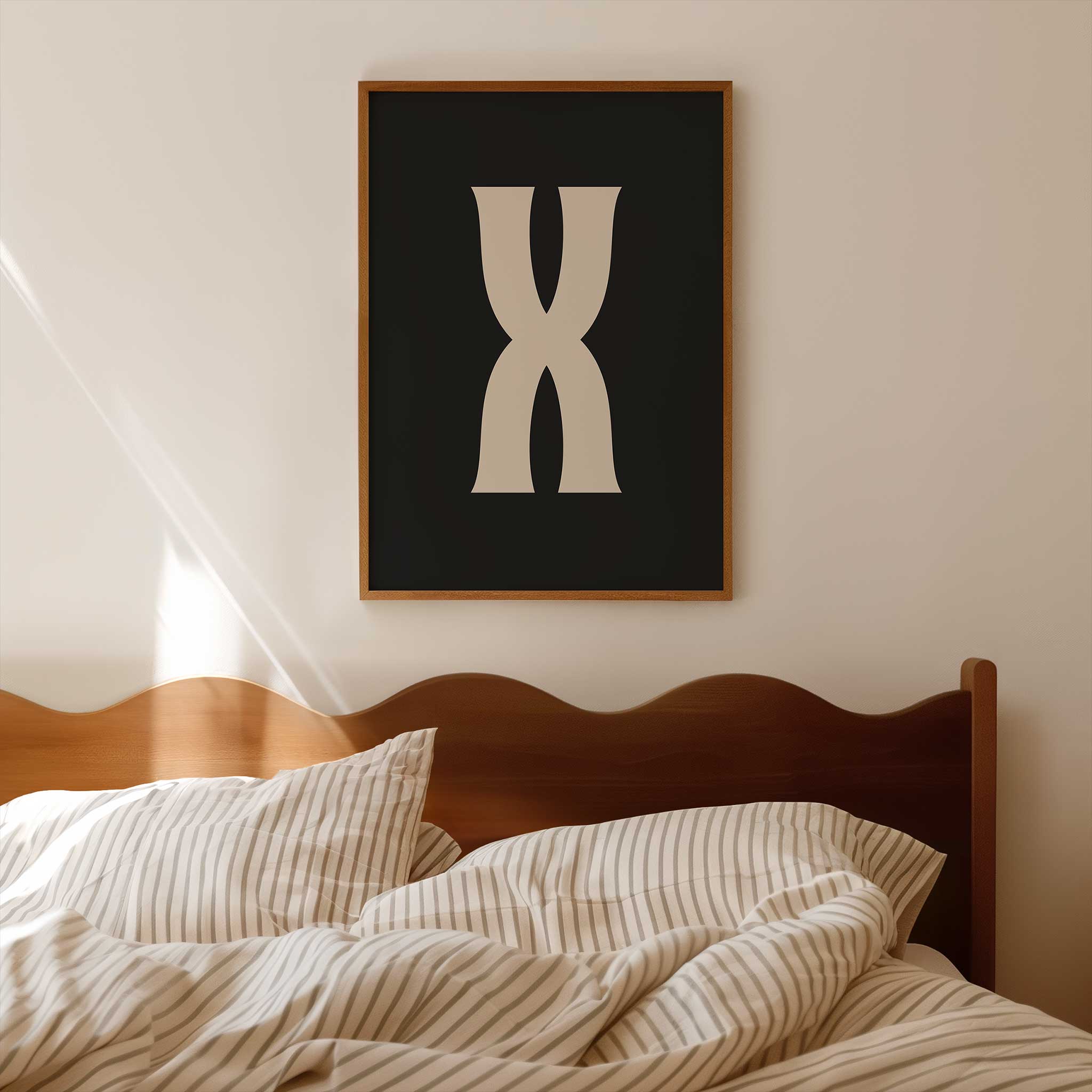 Chic black letter 'X' monogram, minimalist print for a timeless aesthetic, titled 'Modern Monogram Art Print - X Black'
