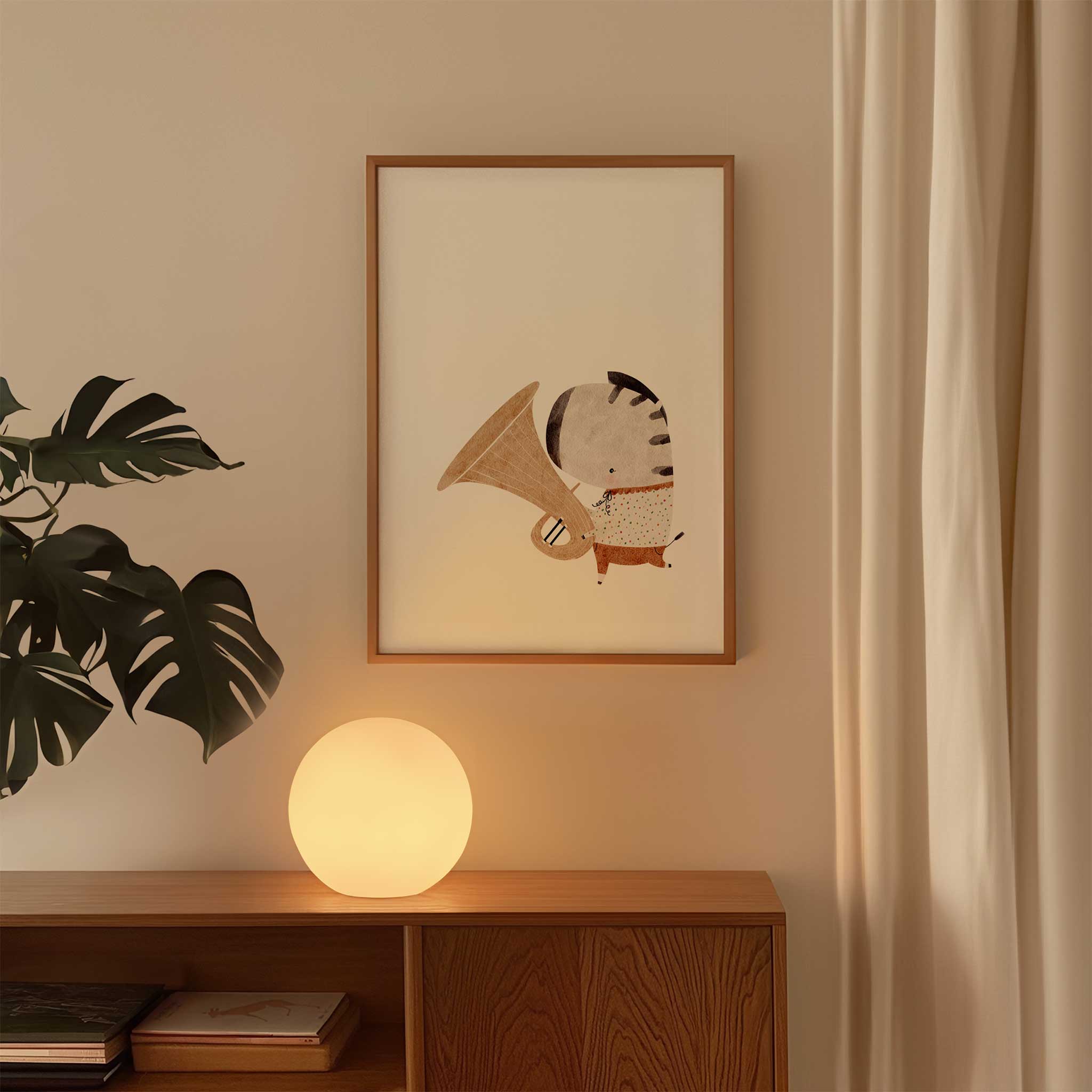 Adorable zebra musician with tuba, charming minimalist wall art for a creative nursery, titled 'Zebra Musician'