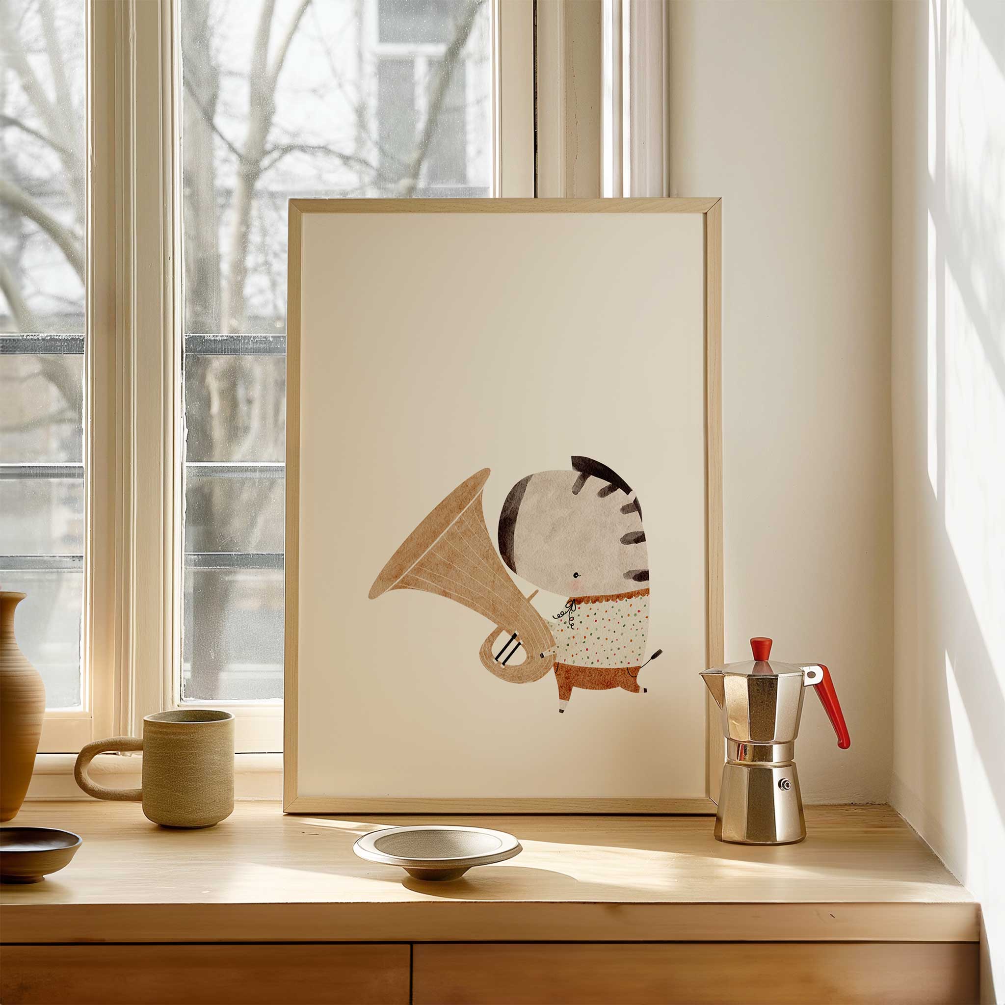Adorable zebra musician with tuba, charming minimalist wall art for a creative nursery, titled 'Zebra Musician'