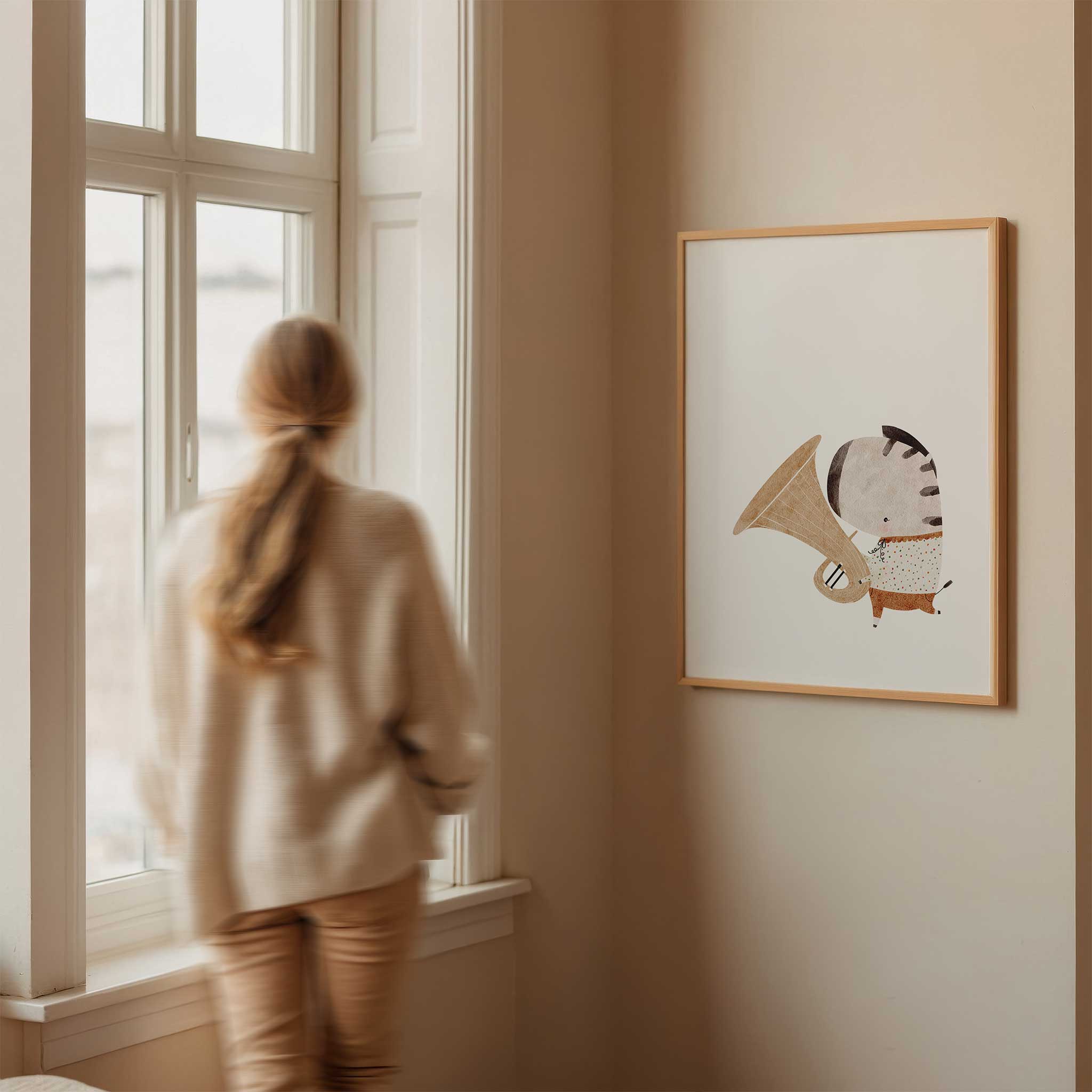 Adorable zebra musician with tuba, charming minimalist wall art for a creative nursery, titled 'Zebra Musician'
