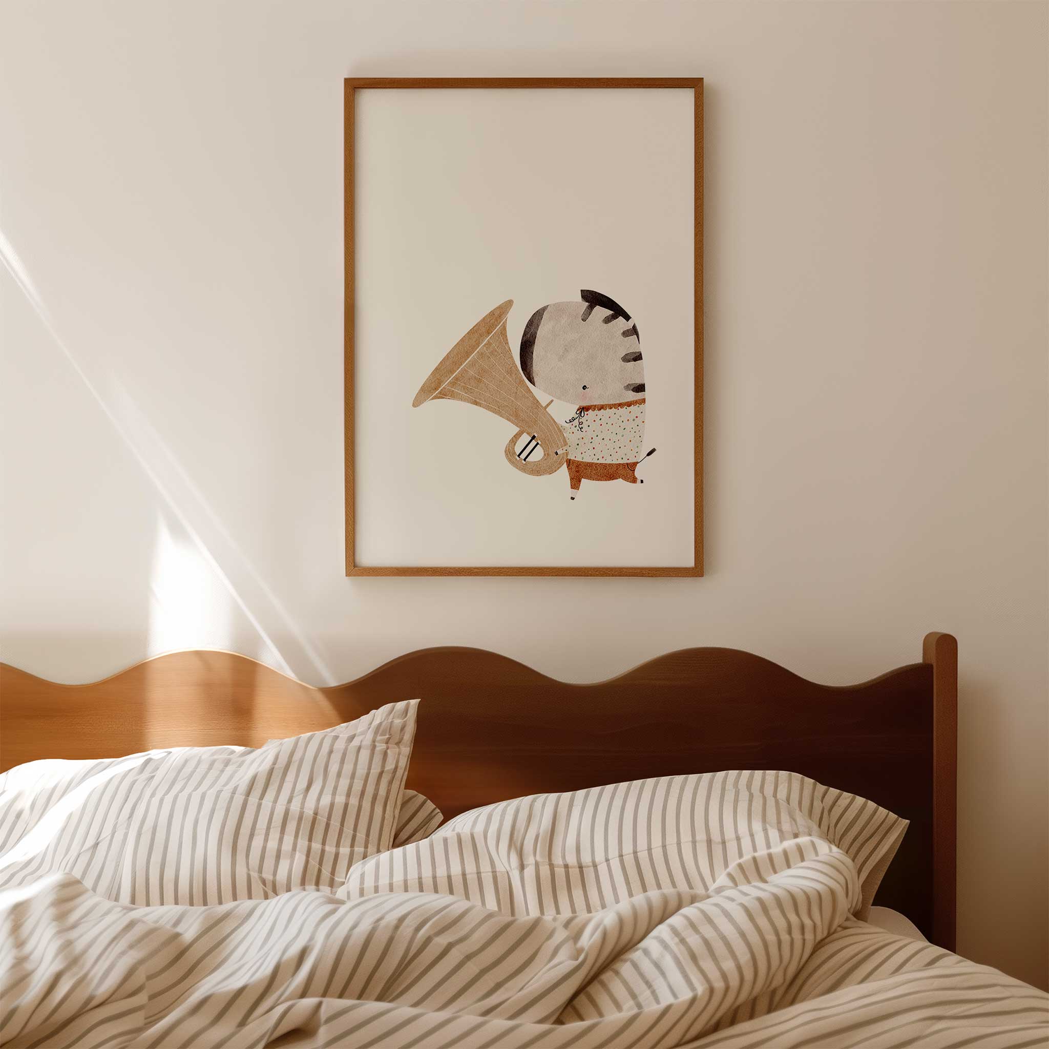 Adorable zebra musician with tuba, charming minimalist wall art for a creative nursery, titled 'Zebra Musician'