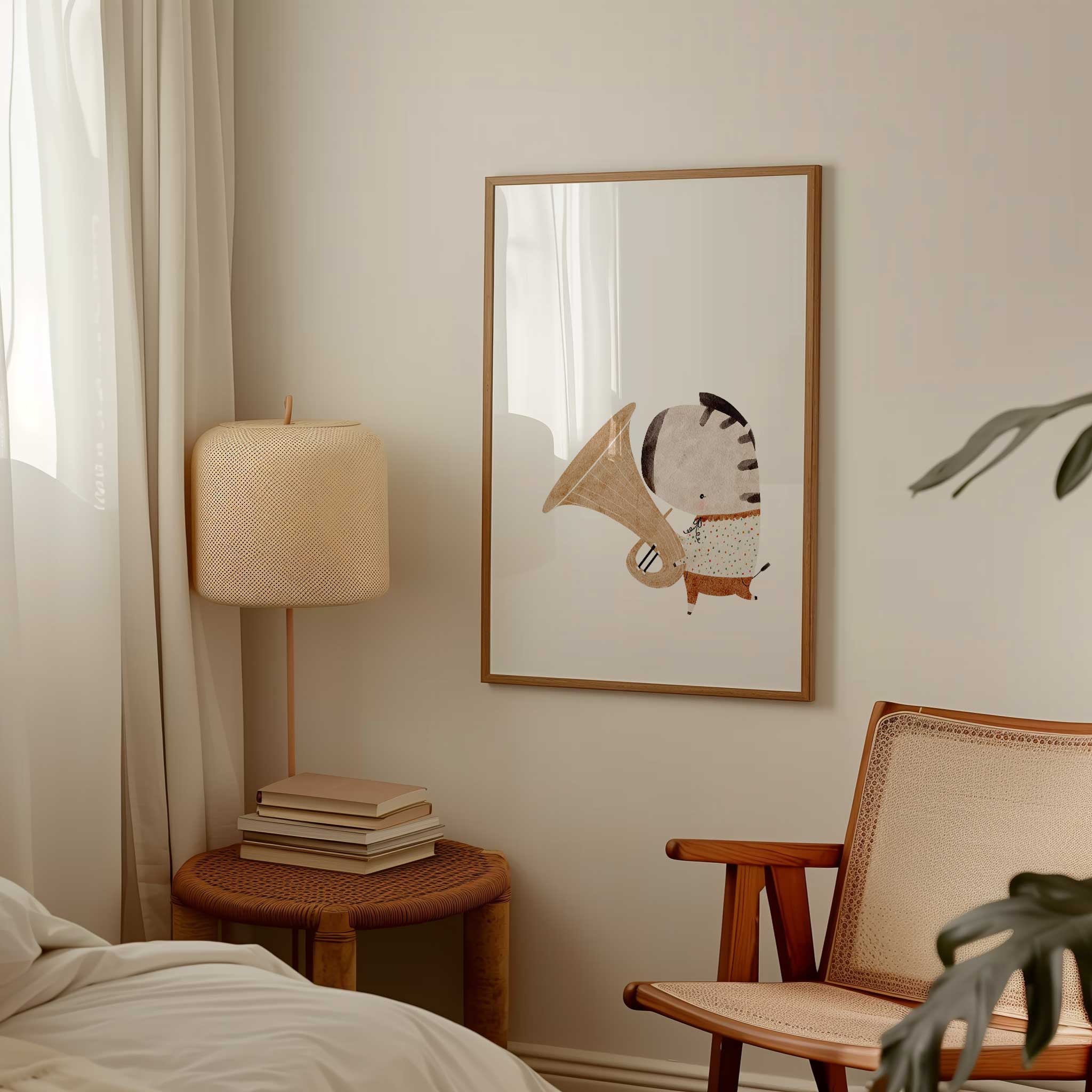 Adorable zebra musician with tuba, charming minimalist wall art for a creative nursery, titled 'Zebra Musician'