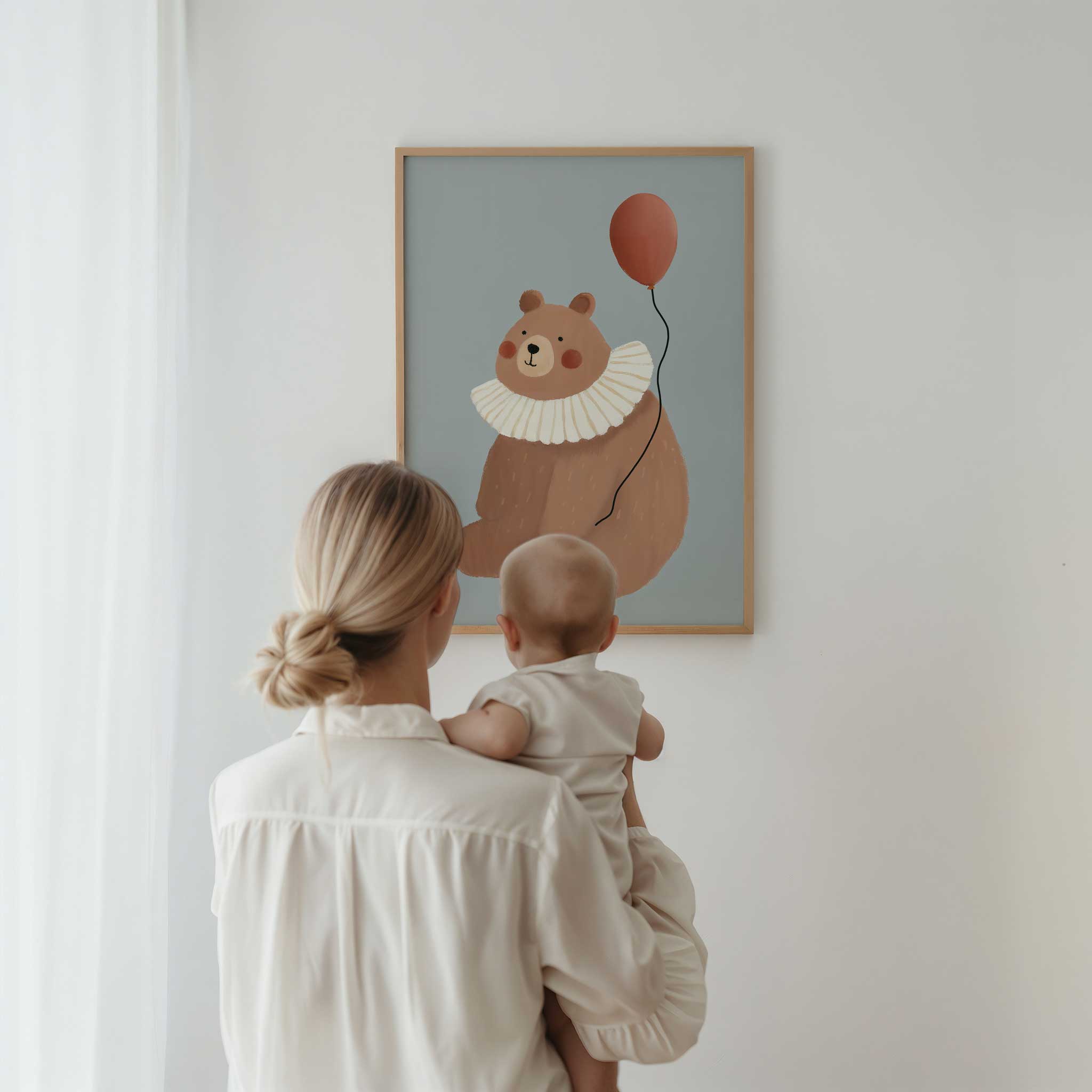 Sweet Brown Bear with Red Balloon and ruffles, charming modern wall art for birthday themed playroom