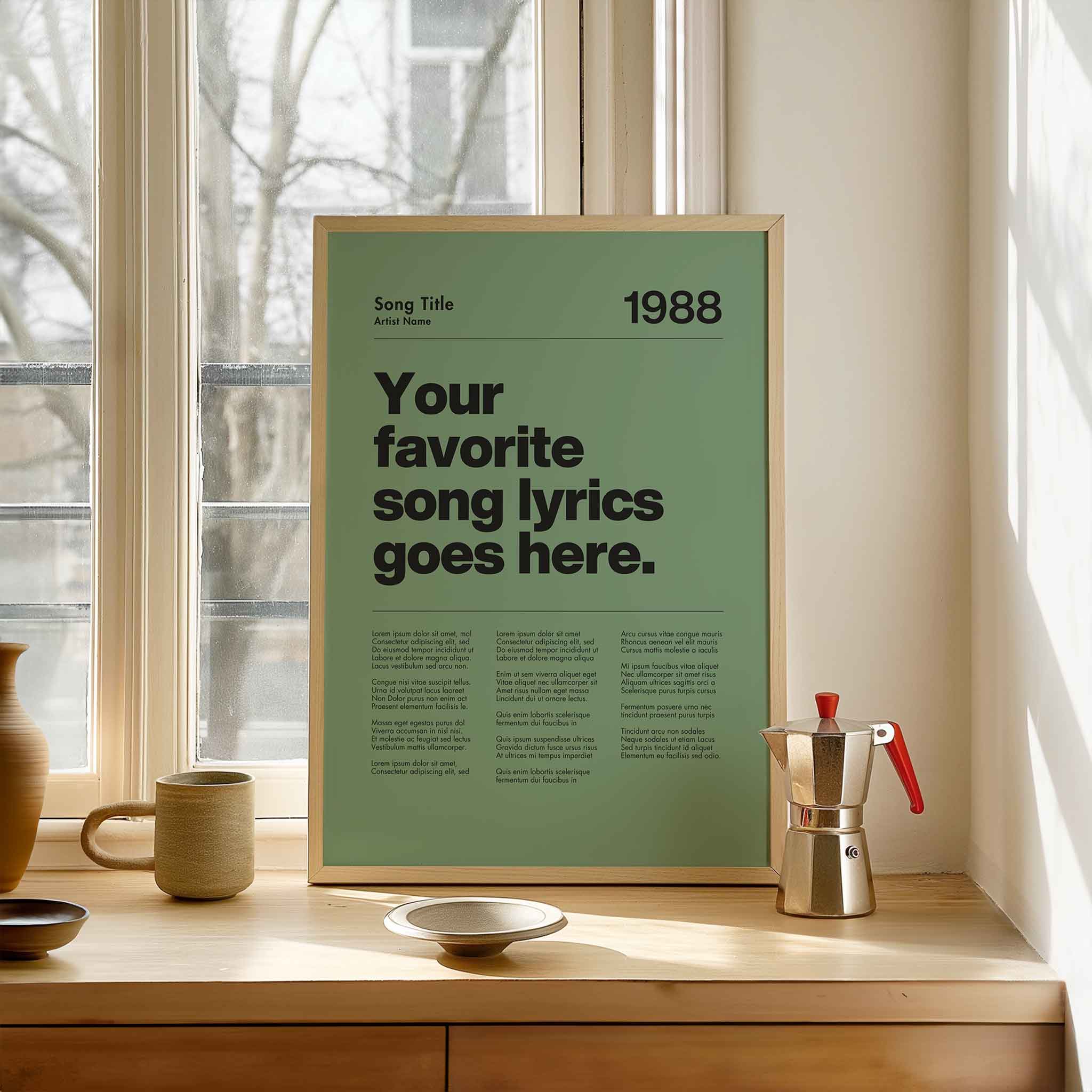 a poster sitting on top of a table next to a window