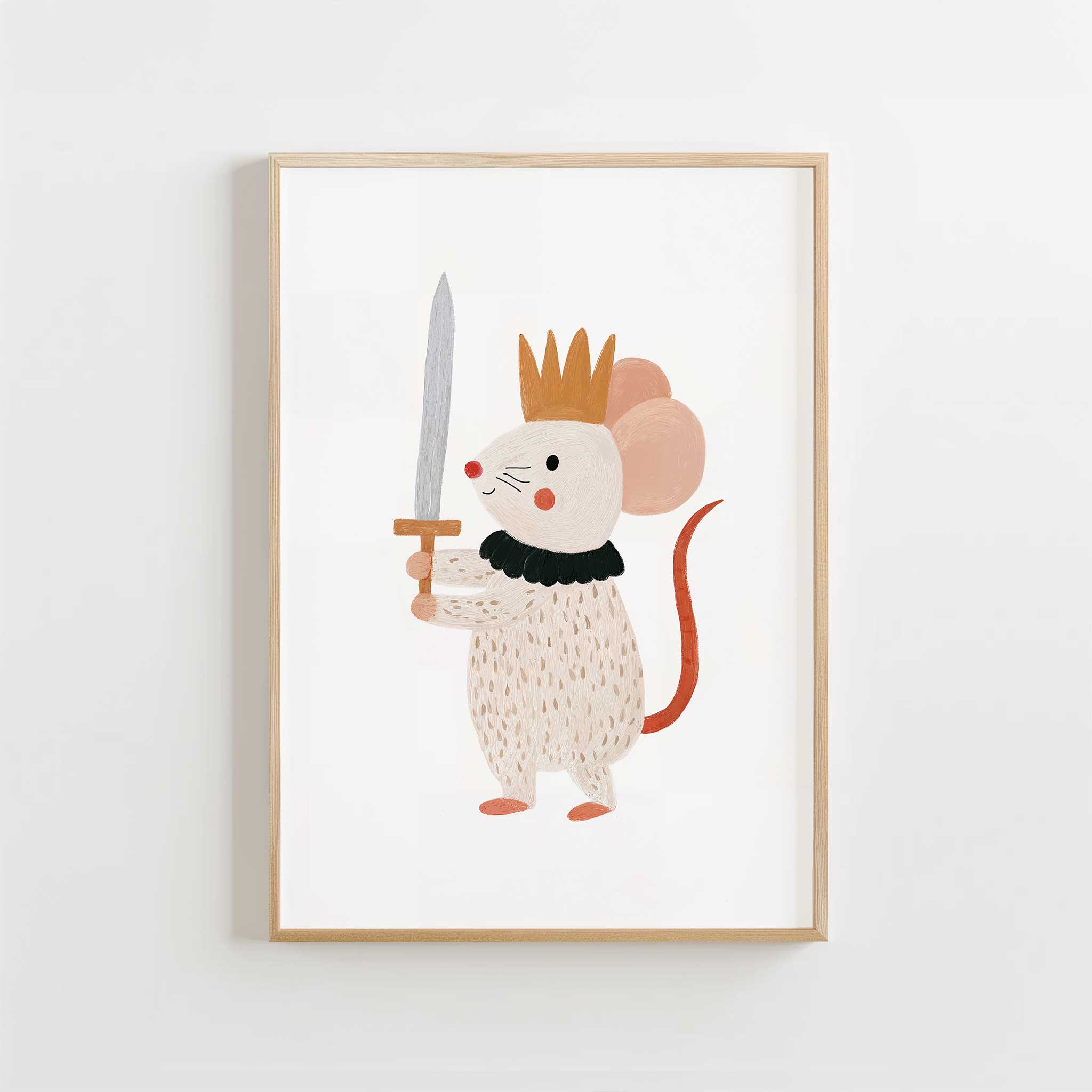 Brave Sword King Mouse with crown, adventurous aesthetic print for fairy tale playroom