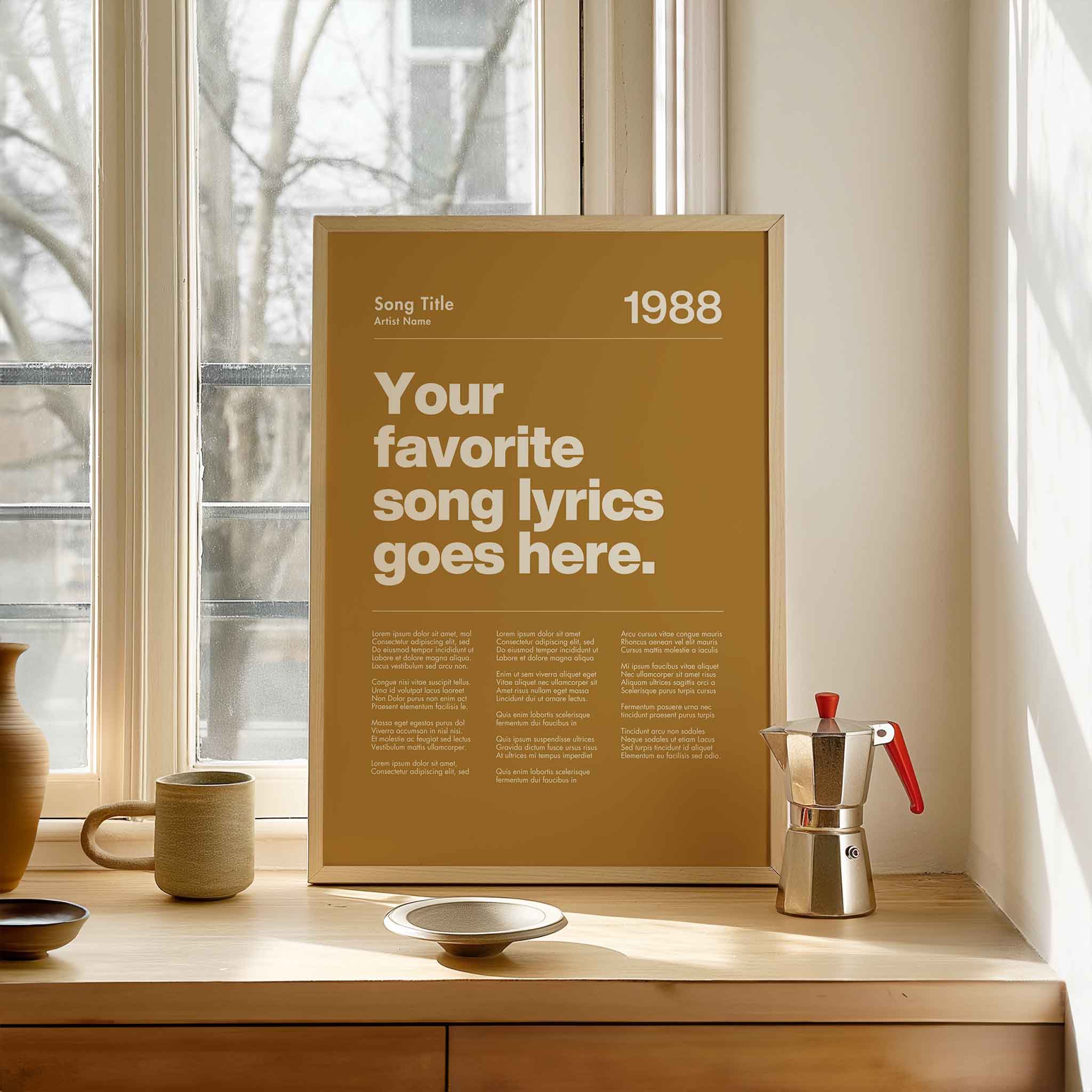 a poster sitting on top of a table next to a window