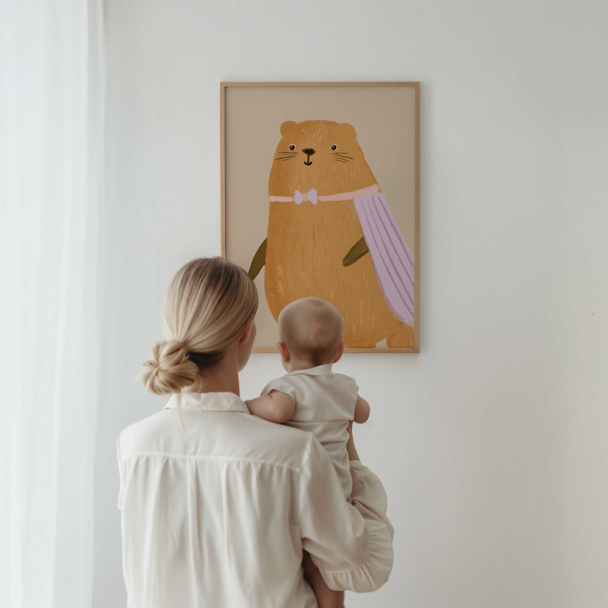 Brave Superhero Beaver in pastel cape, charming modern wall art for courageous kids reading corner