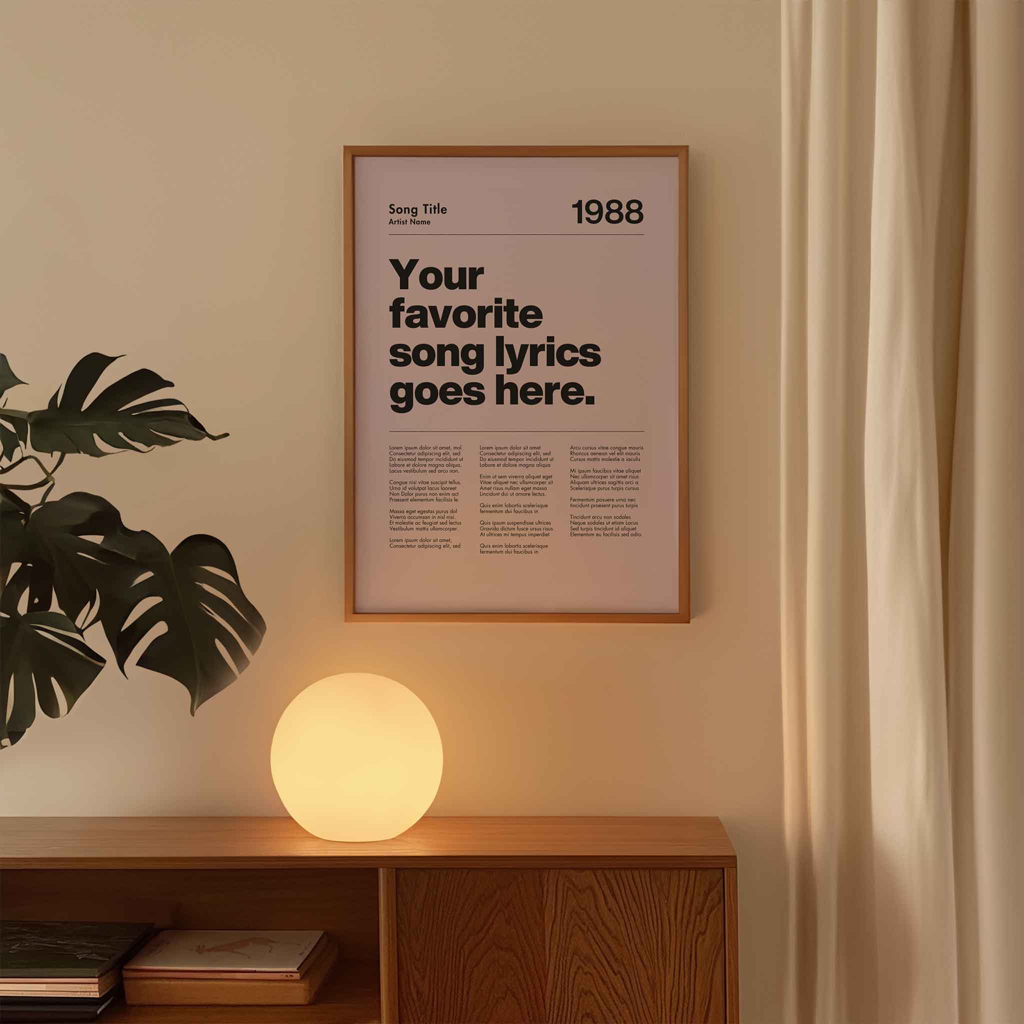 a poster hanging on a wall next to a plant