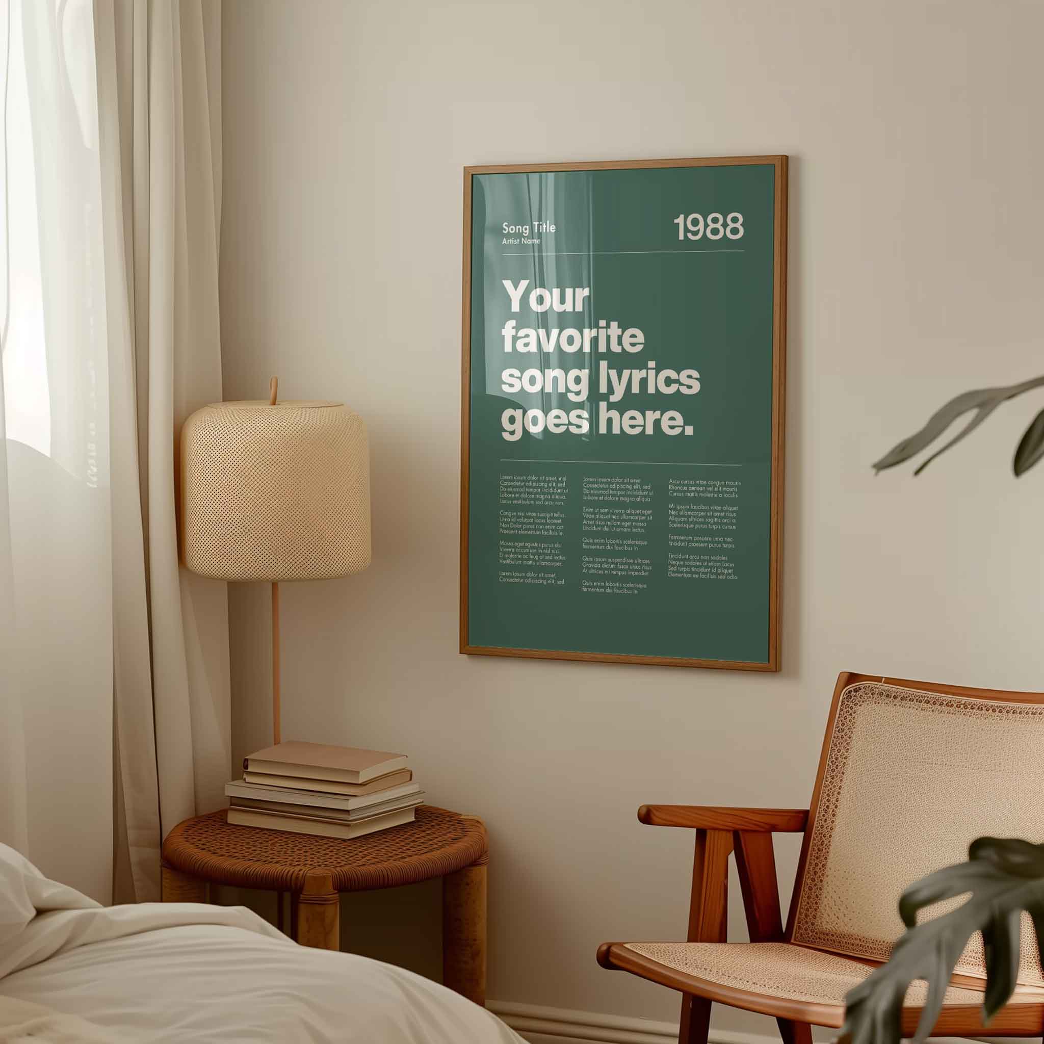 a bedroom with a poster on the wall